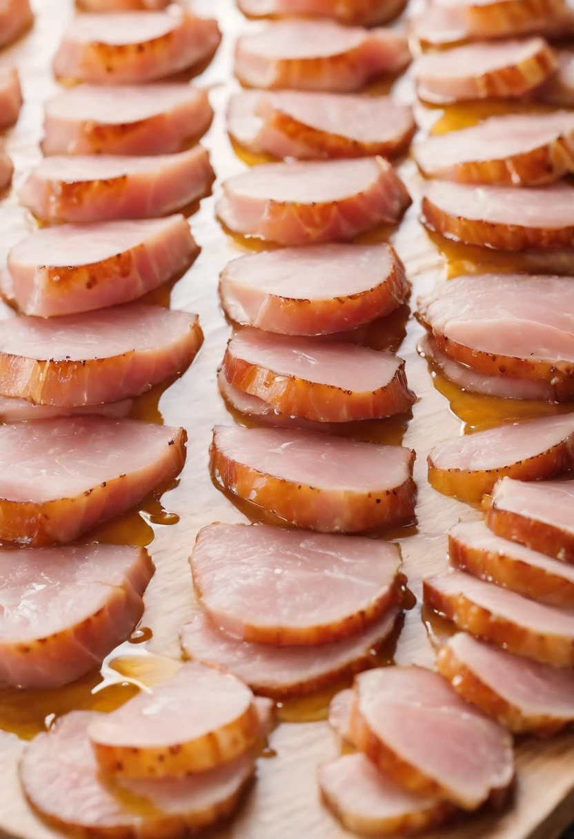 a symmetrical shot of the ham sliced and arranged in a neat pattern, with the honey glaze evenly distributed on each piece. The arrangement should be visually pleasing, emphasizing the elegance of the dish