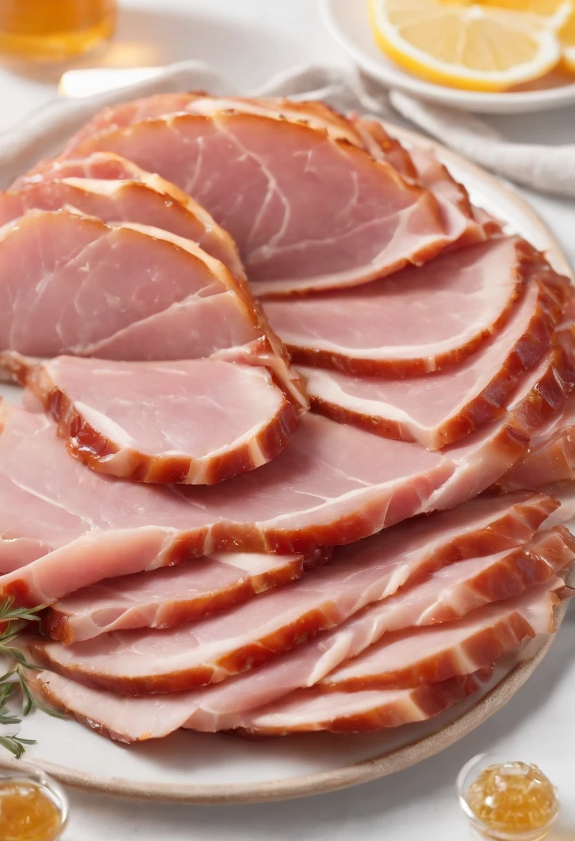 a symmetrical shot of the ham sliced and arranged in a neat pattern, with the honey glaze evenly distributed on each piece. The arrangement should be visually pleasing, emphasizing the elegance of the dish