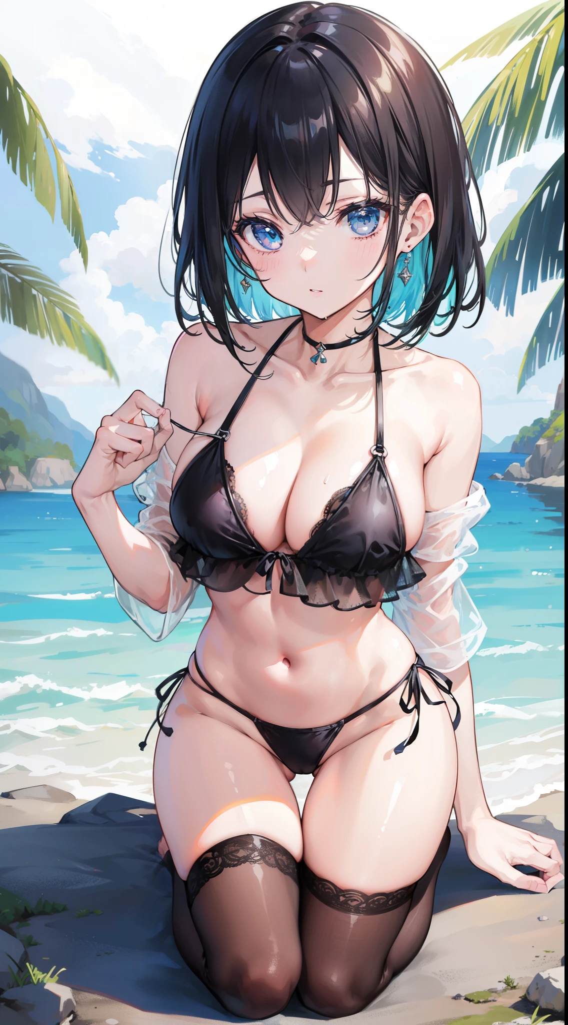 (See-through bikini:1.3),Super masterpiece, Best Quality, Ultra high definition, high detailing,animesque, Wet body, all-fours、Put your hands on the ground、Raise your buttocks high、Watching the viewer、Angle from behind, Medium Hair, Black hair