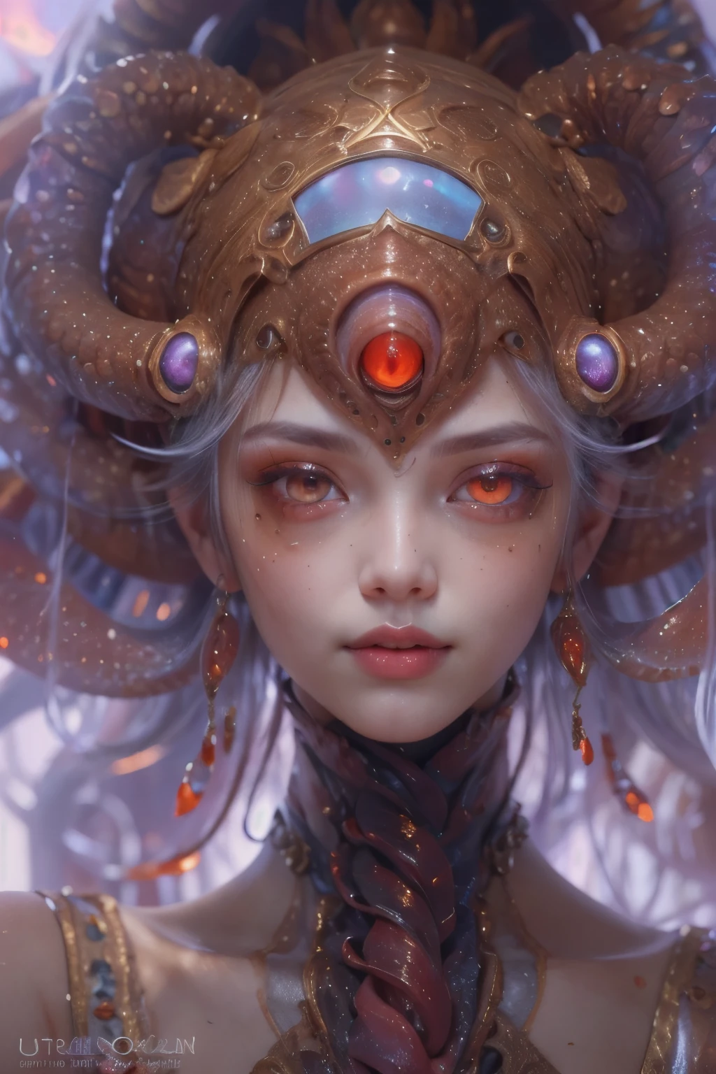 Portrait, (beautiful female alien:1.2),  (There is a female genital-like organ in the middle of the forehead:1.8), (The most beautiful face in the history of the universe:1.2), (scarlet eyes:1.6), (Translucent skin:1.8), an evil gaze that seduces , (red eyes:1.5), Full body like, (sexypose:1.5), alien, No humans, cells are fused, (Lots of translucent tentacles:1.1) (Translucent skin:1.3), extraterrestrial, cell, bio image, 魅惑的, Best Quality, 8K,4K_quality, high definition, Dramatic Lighting, masutepiece:1.5,cinematic quality, detail up, (Intricate details:1.2), high resolution, High Definition, drawing faithfully, (Thick eyebrows:1.2), Beautiful eyes with fine symmetry, (Ultra detailed eyes:1.2),(Highly detailed face and eyes:1.2), (High-resolution red-eye:1.4), Intimate face, (Super detailed skin quality feeling:1.4), Perfect Anatomy,  (Beautiful toned body:1.5),  (Moist skin:1.2), No makeup, (dark circles:1.1), long canines, cinematic drawing of characters, ultra high quality model, cinematic quality, detail up, (Intricate details:1.2), high resolution, High Definition, drawing faithfully, Official art, Unity 8K wall  , 8K Portrait, Best Quality, Very high resolution, ultra detailed artistic photography, midnight aura,  unreal engine 5, Ultra Sharp Focus, art by alberto seveso, ArtGerm, Roisch, intricate artwork, Medusa, best quality, masterpiece, ultra high resolution, (photos realistic：1.4), Ultra-realistic realism, dream-like,  nautilus, Creation of fantasy, Snail, Dream Snail,  biopunk nautilus, thrilling color schemes， Ultra-realistic realism， seductively smiling, blue tentacles