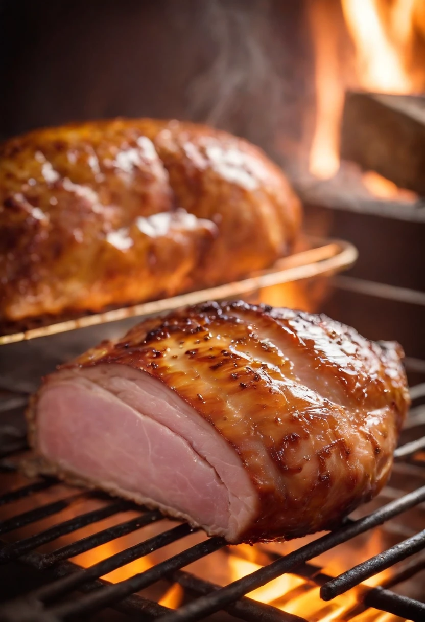 an atmospheric shot of the ham being roasted in the oven, with the honey glaze caramelizing and creating a beautiful color. The shot should convey warmth and anticipation, evoking the aroma and flavors of the dish