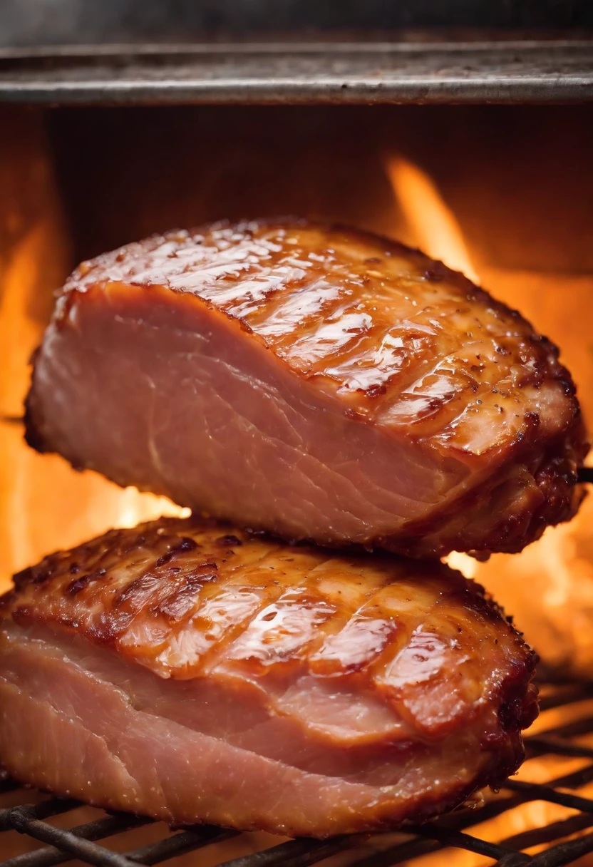 an atmospheric shot of the ham being roasted in the oven, with the honey glaze caramelizing and creating a beautiful color. The shot should convey warmth and anticipation, evoking the aroma and flavors of the dish