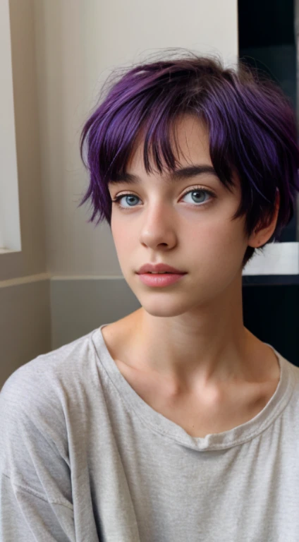 portrait, 16y/o, pretty, Emily rudd, pale skin, blue eyes, very short pixie-cut hair style, Purple hair, Sitting at home, looking at the viewer