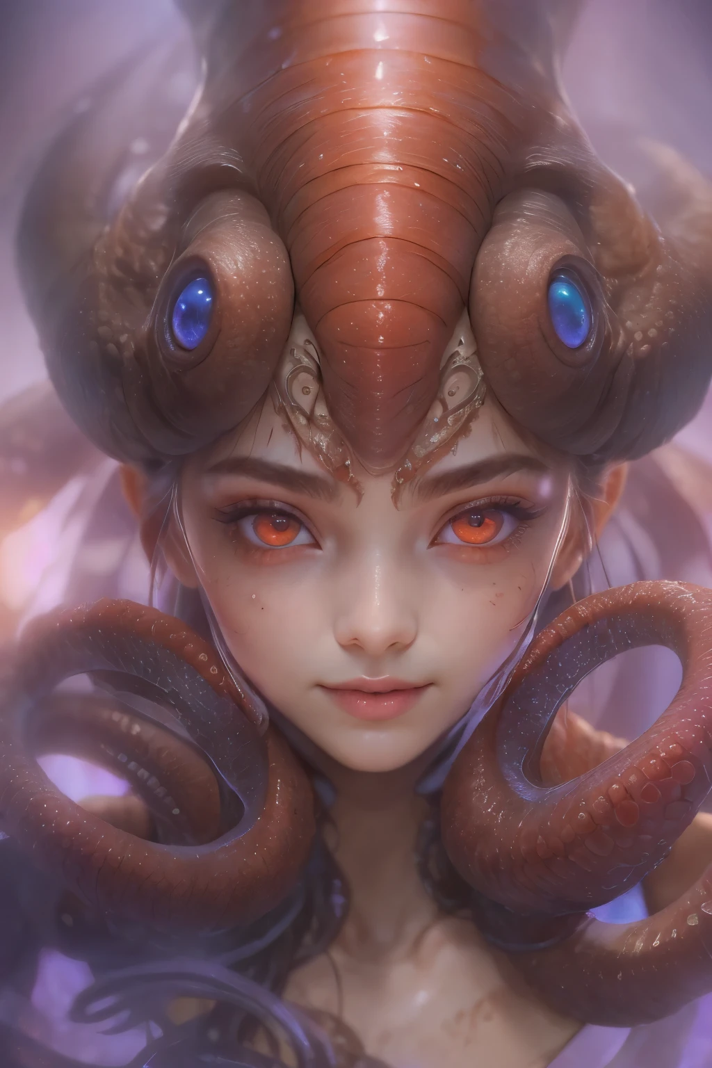 Portrait, (beautiful female alien:1.2), (There is a female genital-like organ in the middle of the forehead:1.8), (The most beautiful face in the history of the universe:1.2), (scarlet eyes:1.6), (Translucent skin:1.8), an evil gaze that seduces , (red eyes:1.5), Full body like, (sexypose:1.5), alien, No humans, cells are fused, (Lots of translucent tentacles:1.1) (Translucent skin:1.3), extraterrestrial, cell, bio image, 魅惑的, Best Quality, 8K,4K_quality, high definition, Dramatic Lighting, masutepiece:1.5,cinematic quality, detail up, (Intricate details:1.2), high resolution, High Definition, drawing faithfully, (Thick eyebrows:1.2), Beautiful eyes with fine symmetry, (Ultra detailed eyes:1.2),(Highly detailed face and eyes:1.2), (High-resolution red-eye:1.4), Intimate face, (Super detailed skin quality feeling:1.4), Perfect Anatomy, (Beautiful toned body:1.5), (Moist skin:1.2), No makeup, (dark circles:1.1), long canines, cinematic drawing of characters, ultra high quality model, cinematic quality, detail up, (Intricate details:1.2), high resolution, High Definition, drawing faithfully, Official art, Unity 8K wall , 8K Portrait, Best Quality, Very high resolution, ultra detailed artistic photography, midnight aura, unreal engine 5, Ultra Sharp Focus, art by alberto seveso, ArtGerm, Roisch, intricate artwork, Medusa, best quality, masterpiece, ultra high resolution, (photos realistic:1.4), Ultra-realistic realism, dream-like, nautilus, Creation of fantasy, Snail, Dream Snail, biopunk nautilus, thrilling color schemes, Ultra-realistic realism, seductively smiling, blue tentacles