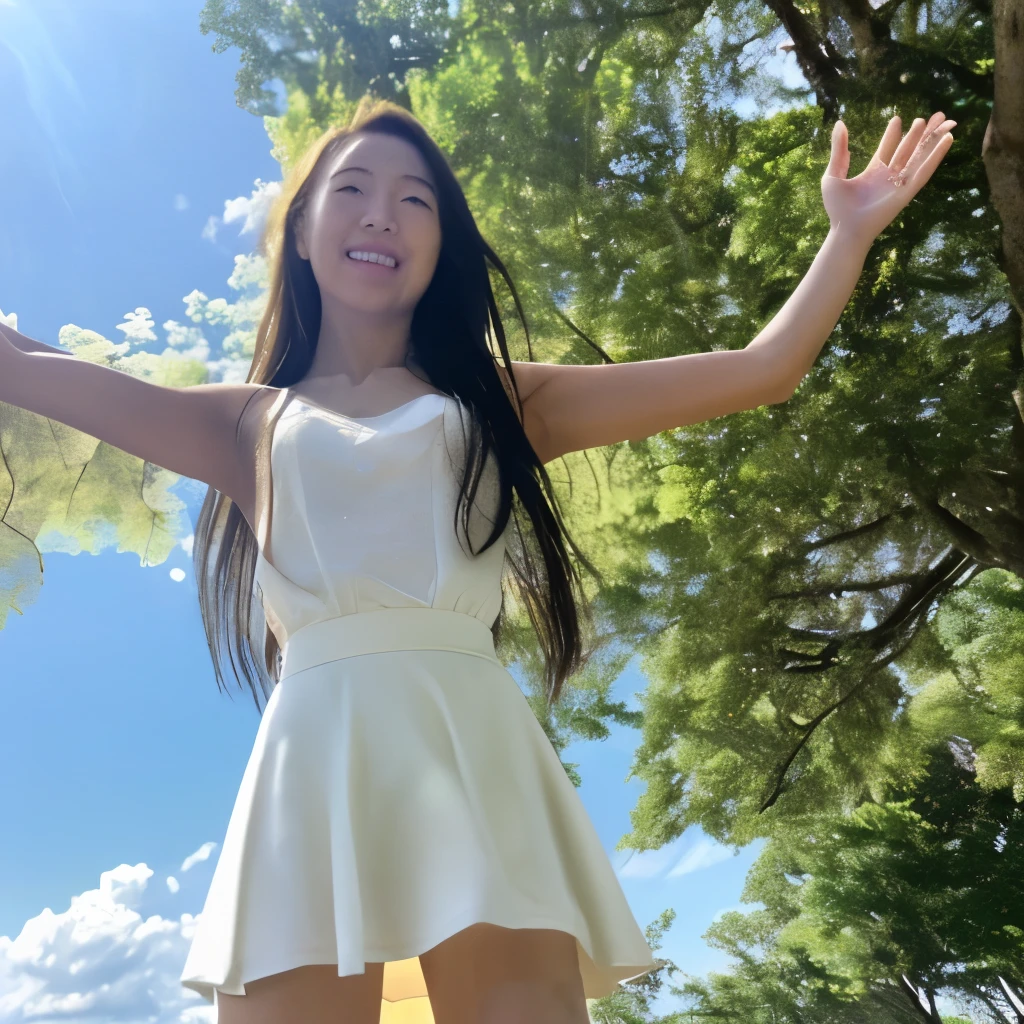 Scenes：Clouds in the sky show rich layers and shapes，Sunlight shines through the cloudorm a beam of light。

人物：girl with long black hair，With a sweet smile on his face。She wore a white dress，The skirt flutters gently。

stance：Girl&#39;s posture is elegant，She closed her eyes gently，As if feeling the warmth of the sun。Her arms hang down naturally，Fingers slightly open。

color：The entire picture is dominated by blue and white，Blue sky and white clouds against each other，A stark contrast。The girl&#39;s white dress looks particularly bright in the sun。

llight rays：Sunlight forms beams through clouds，Shine on the girl's body，Create light and dark changes and a three-dimensional feel。llight rays的方向和角度可以根据需要进行调整。

the detail：The girl&#39;s skirt flutters gently in the wind，Can add some subtle textures and wrinkles。在天空中可以添加一些飞鸟或的the detail元素，to enrich screen content。