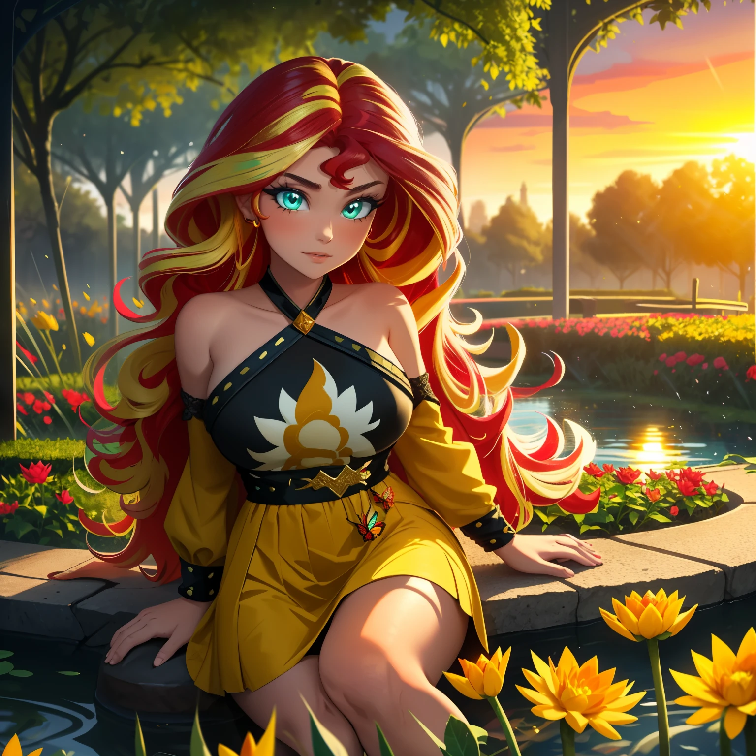 sunset shimmer, sunset shimmer from my little pony, sunset shimmer in the form of a young woman, big breasts, lush breasts, two tones of hair, red and yellow hair, in a garden, red and yellow flowers, solo, one character, red and yellow dress: 1.5, long sleeves, thin, turquoise eyes, gentle smile, beautiful detailed garden: 1.5, under a trees, ACER PALMATUM trees: 2.5, sitting on grass, rose flowers every: 1.5, rose garden: 1.5, so many connected ponds with lily pads and flowers on it beautiful pond: 2.0,, lily pads, sunflower flowers everywhere: 2.0, extremely long hair, SUNSET: 2.0, SUN SETTING: 2.0, bright glowing orange evening sky, ethereal sky, red thigh high with fire patterns of it, highly detailed legging, she is sitting by the ponds, reflection on water, bright glowing shimmering eyes, vibrant atmosphere: 1.0, breath taking scenery: 2.0, HIGHLY DETAILED LIGHTING:1.0, dramatic lighting, so much foliage, different varieties of colorful flowers all around her those flowers attract butterflies, highly detailed butterflies, ((one really thin orange straight horn on her forehead: 1.0)), two orange cat ears: 1.0, arbours decorated with flowers and bushes