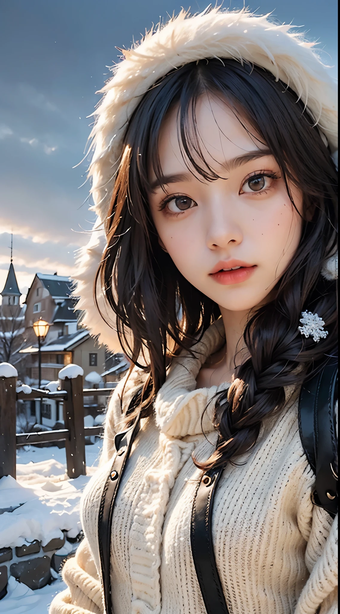 (((A woman standing in a winter landscape)))、A town where it snows in the evening、Red-faced playful eyes and face、An ultra-high picture quality、8K、Smart body、High Style、About 24 years old、Detailed eyes、Detailed skin、