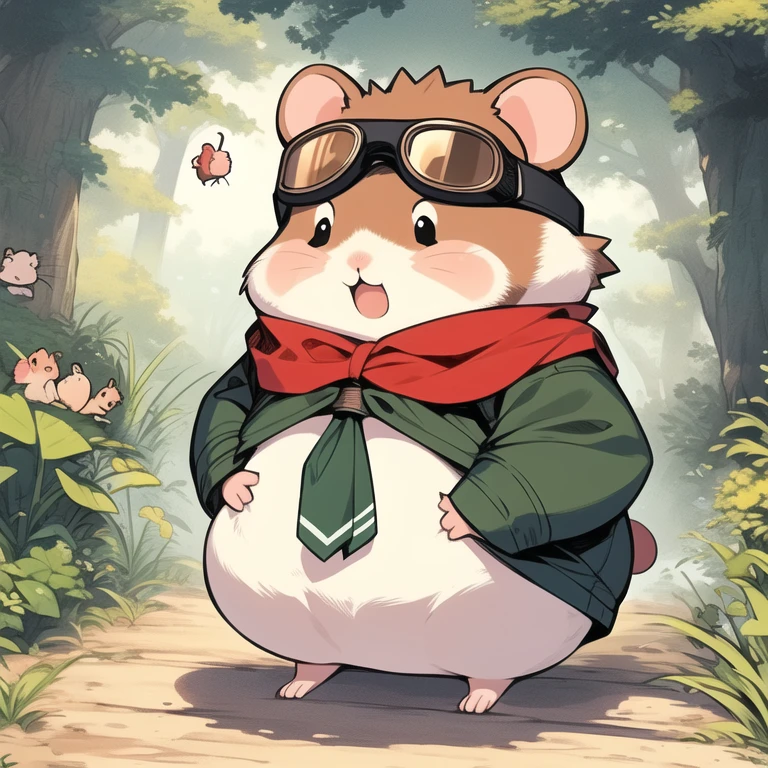((hamster, chubby:0.8, goggles on forehead, animal solo, hamster focus, full body)), cute, cool, red neckerchief, adventurer, best_quality, design, hires, highly detailed