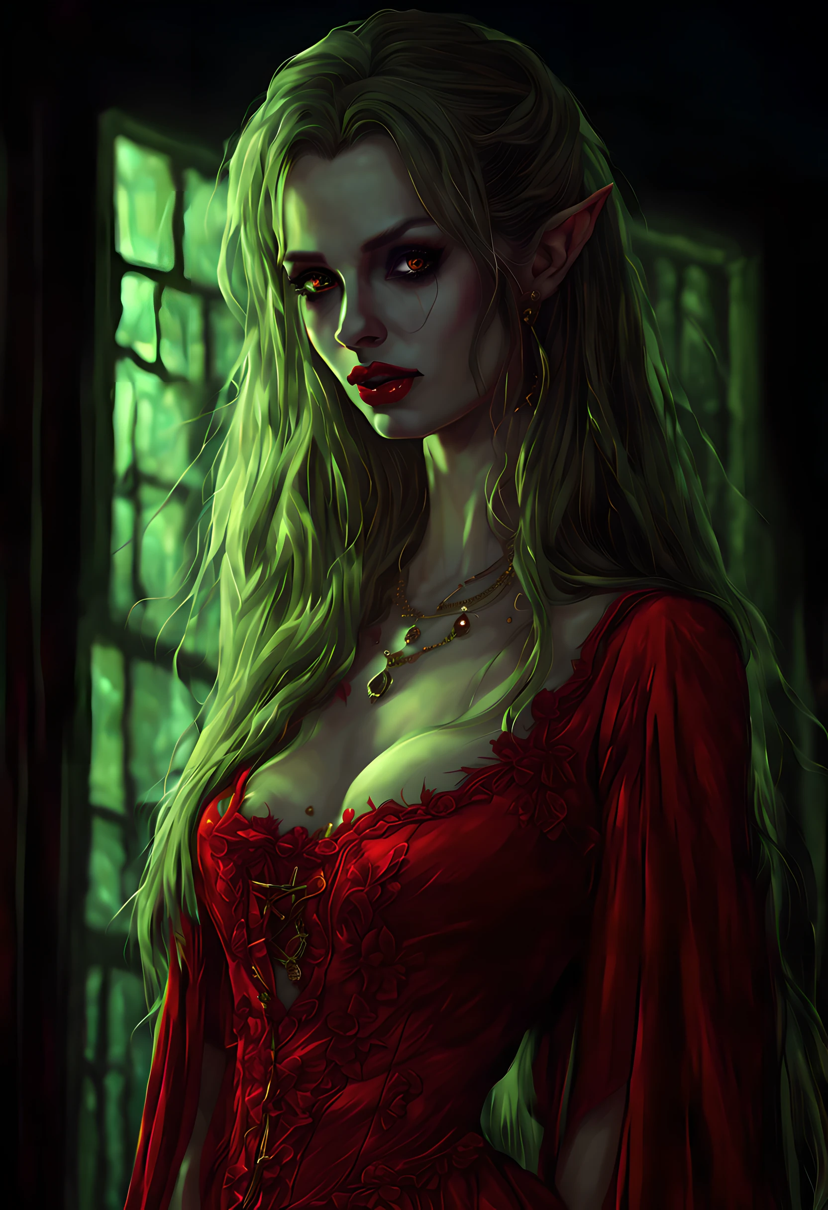a picture of vampire standing in the front of her home, an exquisite beautiful female vampire in her front door of her home, full body (ultra detailed, Masterpiece, best quality), ultra detailed face (ultra detailed, Masterpiece, best quality), grey skin: 1.3 , blond hair, hair in a ponytail, long hair, blue eyes, cold eyes, glowing eyes, intense eyes, smile with [drops of blood on face] (ultra detailed, Masterpiece, best quality), dark red lips, [vampire fangs], wearing (red: 1.4) dress (ultra detailed, Masterpiece, best quality), (green: 1.4) dark green cloak, (green: 1.3) green high heeled boots in front of her home, torchlight, Cinematic Shot, Cinematic Lighting high details, best quality, 16k, [ultra detailed], masterpiece, best quality, (ultra detailed), full body, ultra wide shot, photorealism, dark fantasy art, moon light coming through the window, moon rays, gothic art, sense of dread, sense of seduction, bloodmagic