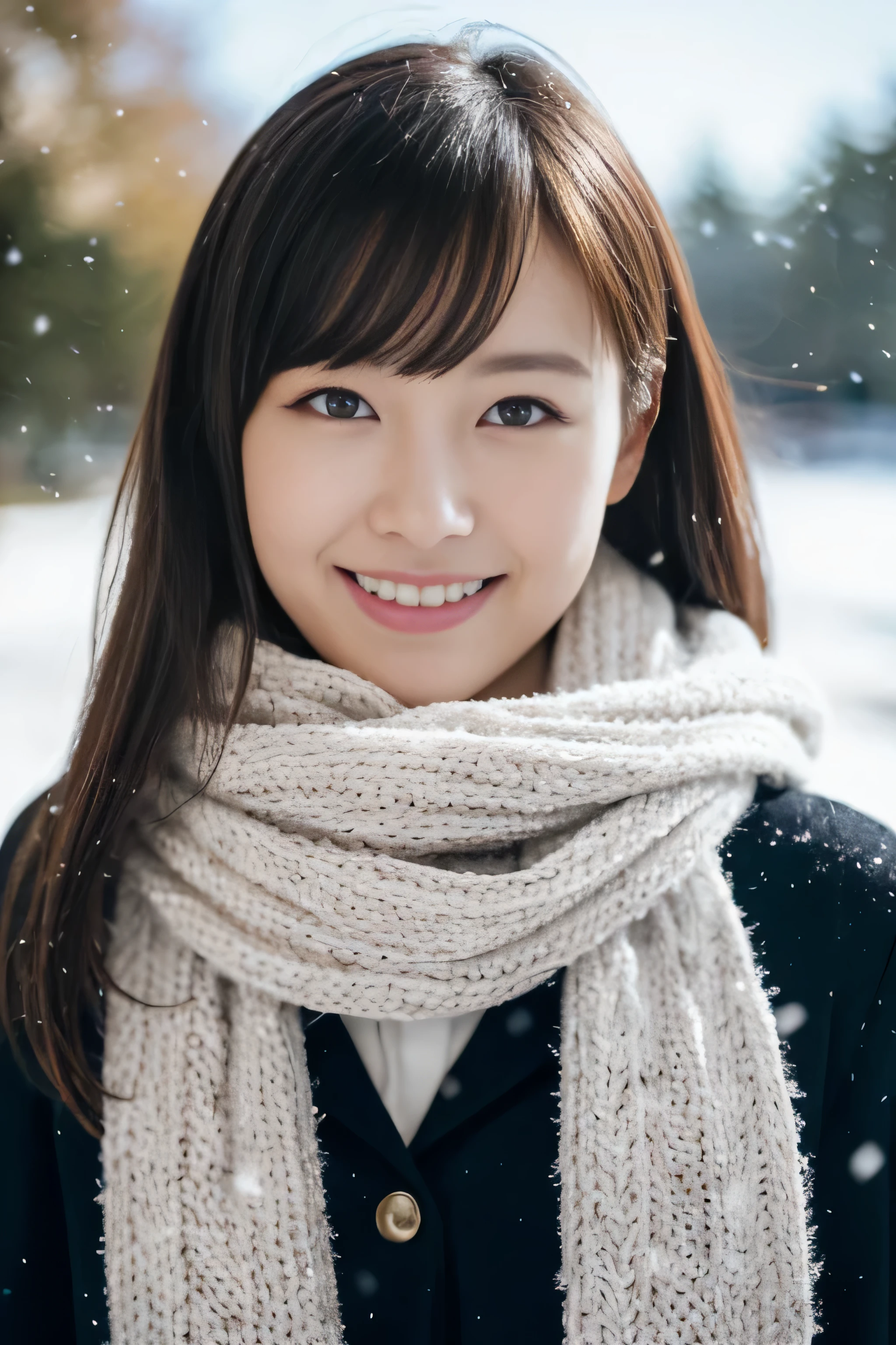 (realisitic、Photorealsitic、ultra-detailliert、Highest Details Skins、top-quality、​masterpiece、超A high resolution)、(Paul Rubens and Rebecca Guay's style:1.1) 、Cute Japan Woman、、hi-school girl、younggirl、1 girl in、I have bangs、二重まぶた、drooing eyes、Large black eyes、Japanese style face、ssmile、Charming、purity、Straight face、double tooth、View here、realisiticな肌質、Thick muffler、Grey muffler、fluffy hair、((Hair is inside the scarf:1.3))、Red cheeks、The wind is blowing、It's snowing、illuminations、Lighting from behind