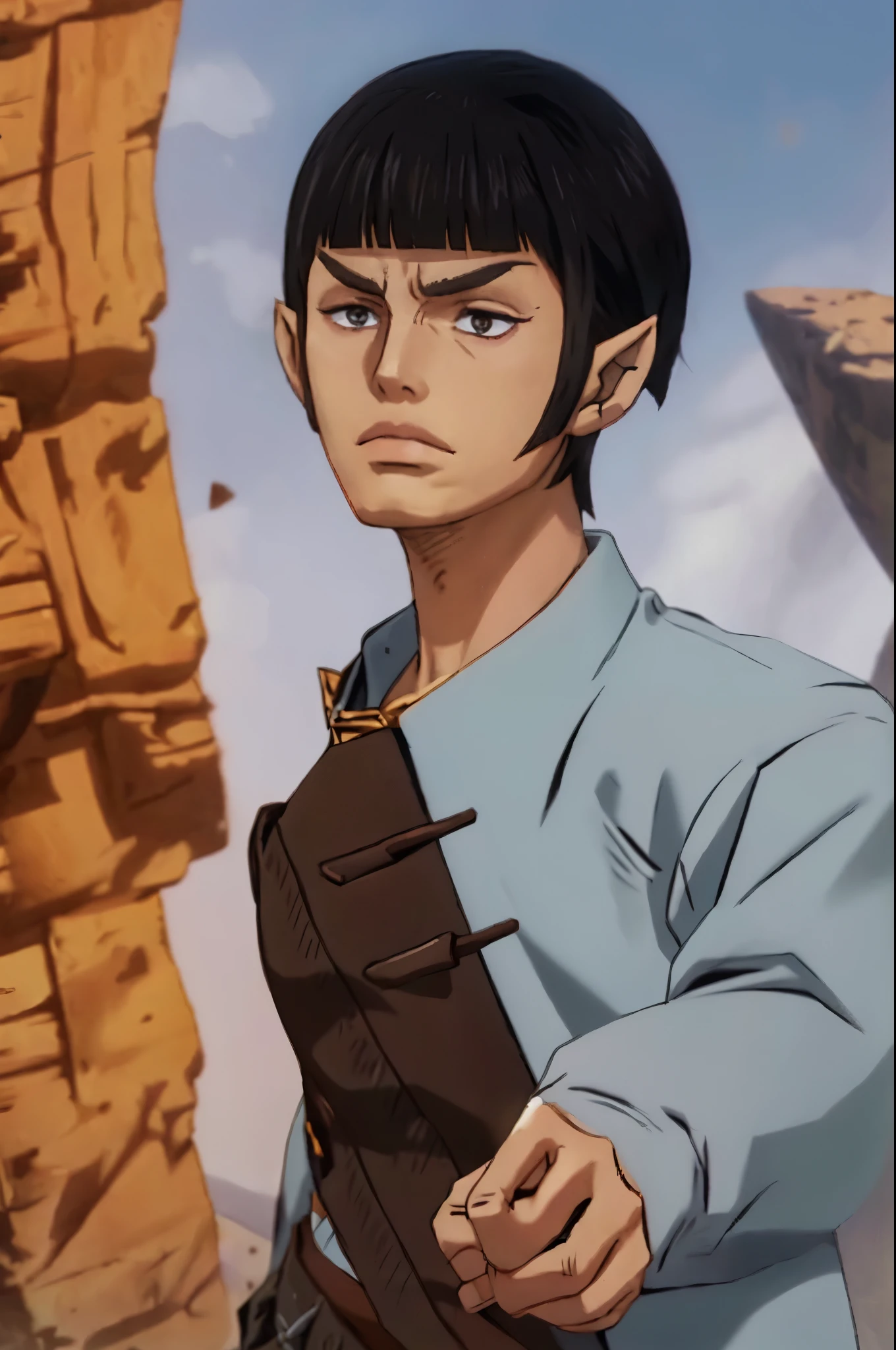 wanostyle vulcan
pointed ears
pointed eyebrows
blunt bangs