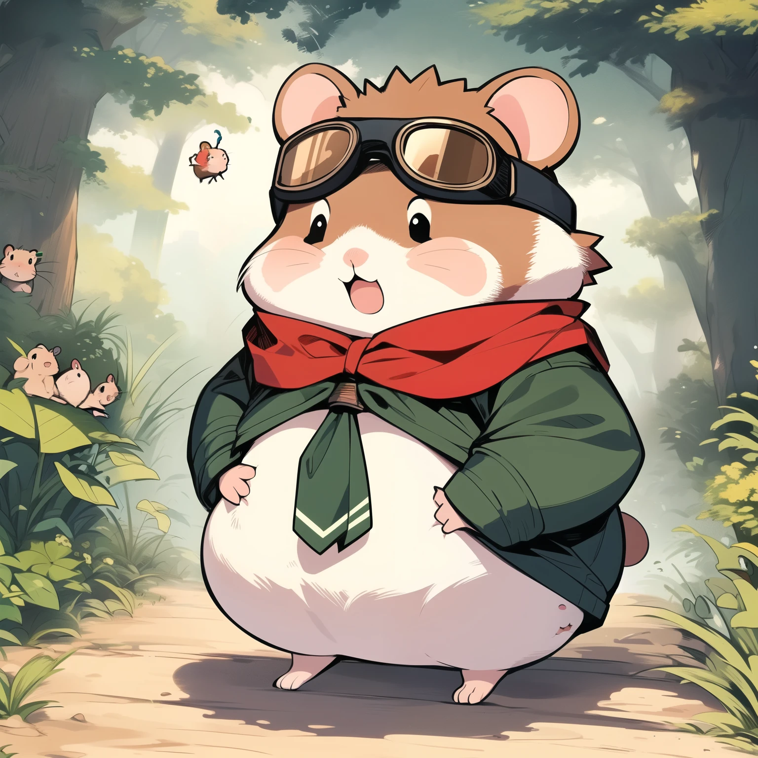 ((hamster, chubby:0.8, goggles on forehead, animal solo, hamster focus, full body)), cute, cool, red neckerchief, adventurer, best_quality, design, hires, highly detailed