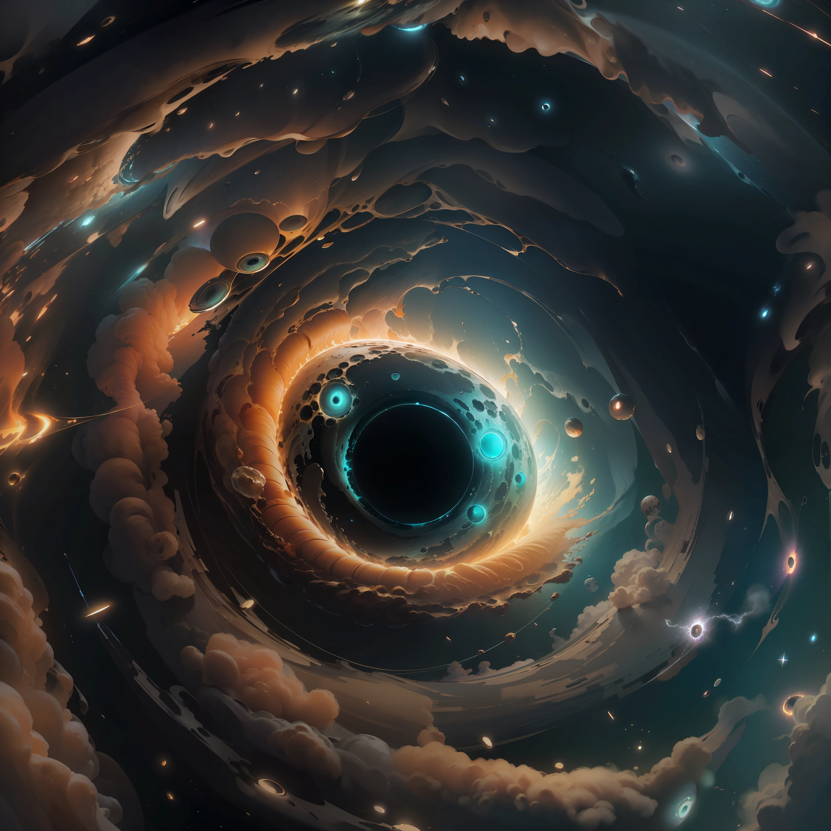 Close-up of the central spiral of the galaxy, kosmos之眼, abstract Black holes in space, A swirling vortex of energy, black hole time portal, luminous black hole portal, The Eye of God, Black holes in space, interstellar infinity portal, Portrait of a mystical giant eye, kosmos实体的肖像, interstellar vortex through time , dazzling planet in the background, Alberto seveso art, ink, kosmos空间背景, Detailed texture, loose painting style, Complicated details, 电影灯光, octaneratingrendering, 8K rendering, Volumetriclighting, kosmos, Deep in outer space,