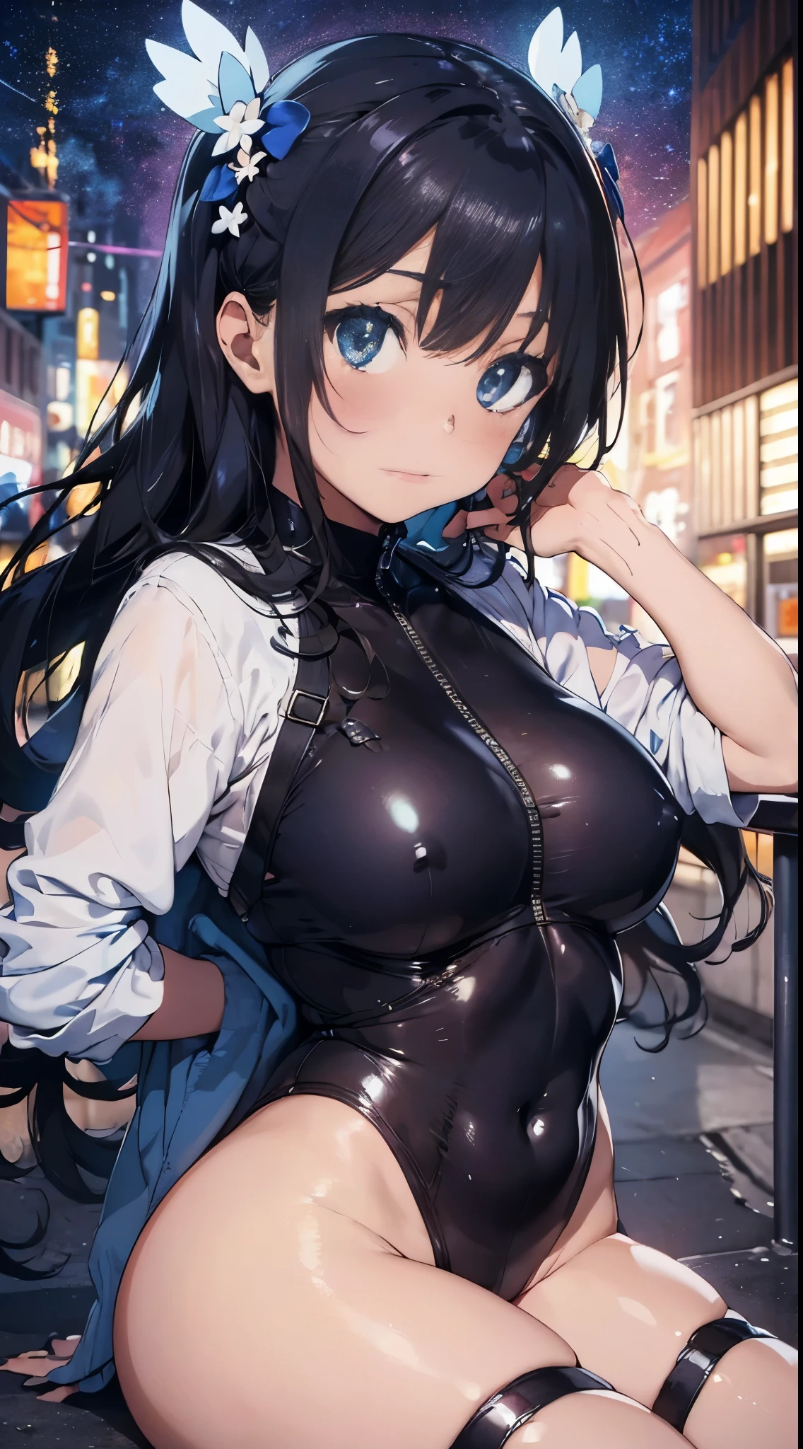 1womanl,Black hair,ar old Impatient expression)),Beautiful breasts,(((Sexy magical girl white and blue shiny high-leg bodysuit)))(())(((Blushing cheeks、Surprised look)),(((Satin Narico))),((( portlate))),we have blue eyelashes)))()Street,Crowds(magical girl hair ornament)