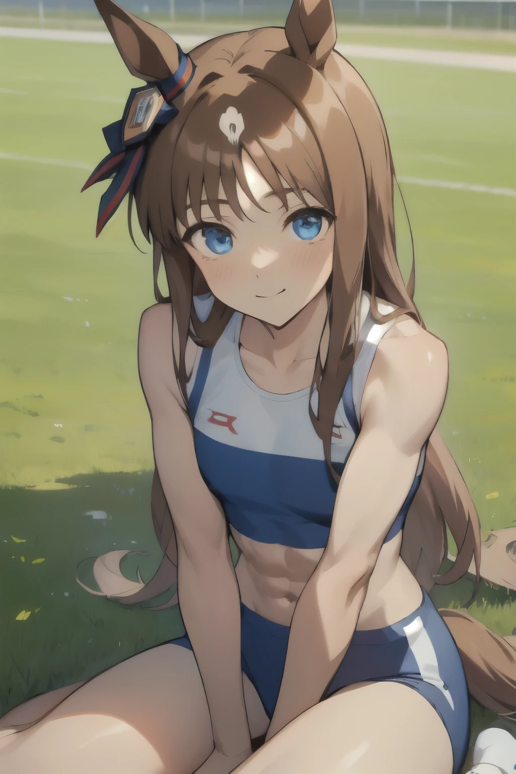 grass wonder\(umamusume\), ((ultra-detailed face)), cute face, masterpiece, best quality, muscular, abs, rikujou, horse tail, smile, athletics track, hand between legs, closed mouth