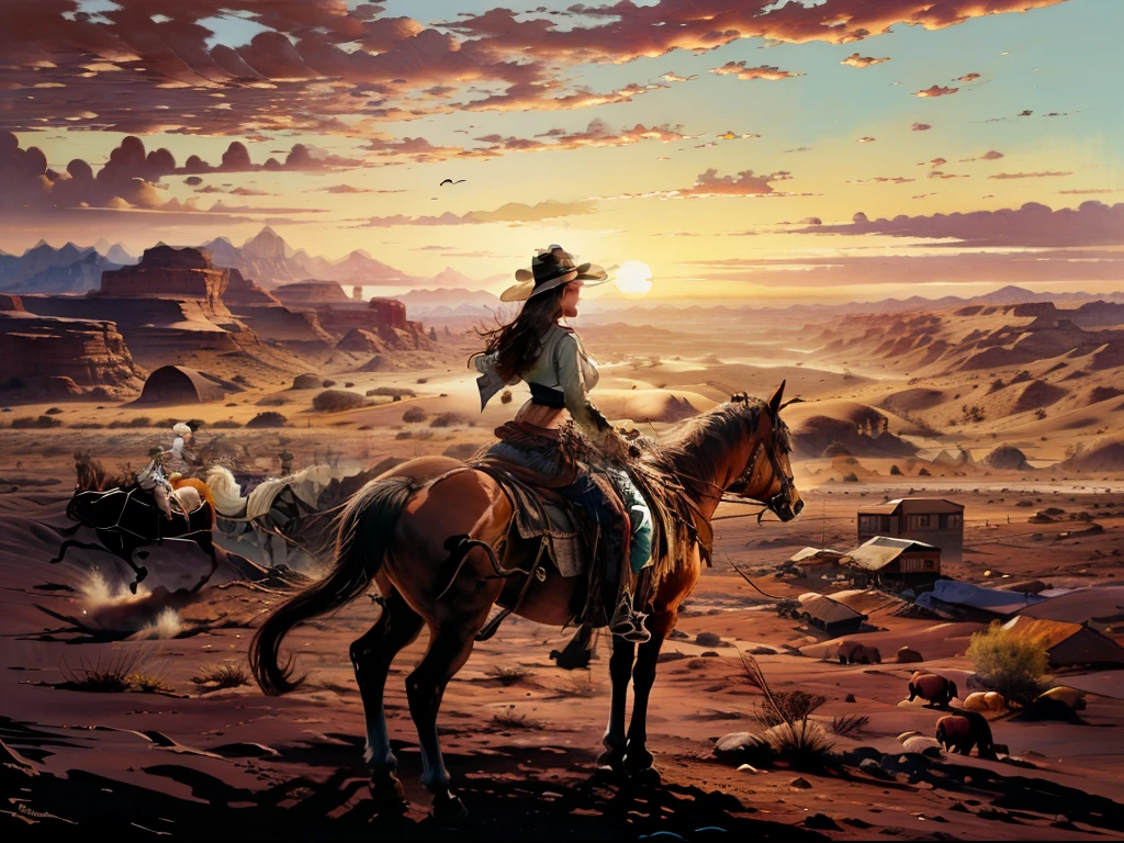 Painting of a woman riding a horse in the desert at sunset, Rider on a horse, inspired by John Frederick Herring, Senior., Linda Sutton, Western art, inspired by Frederic Remington, Lisa Milroy, inspired by John Frederick Herring, Jr., Palfrey, by Susan Heidi, Western painting, Western, Carol Sutton, inspired by Edward Hicks, ombre, Cowboy
