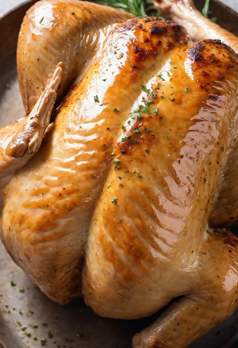 a close-up shot of a whole roasted chicken, glistening with a golden-brown skin that has been generously coated with garlic and herb butter. The skin should be crisp and flavorful, showcasing the mouthwatering texture