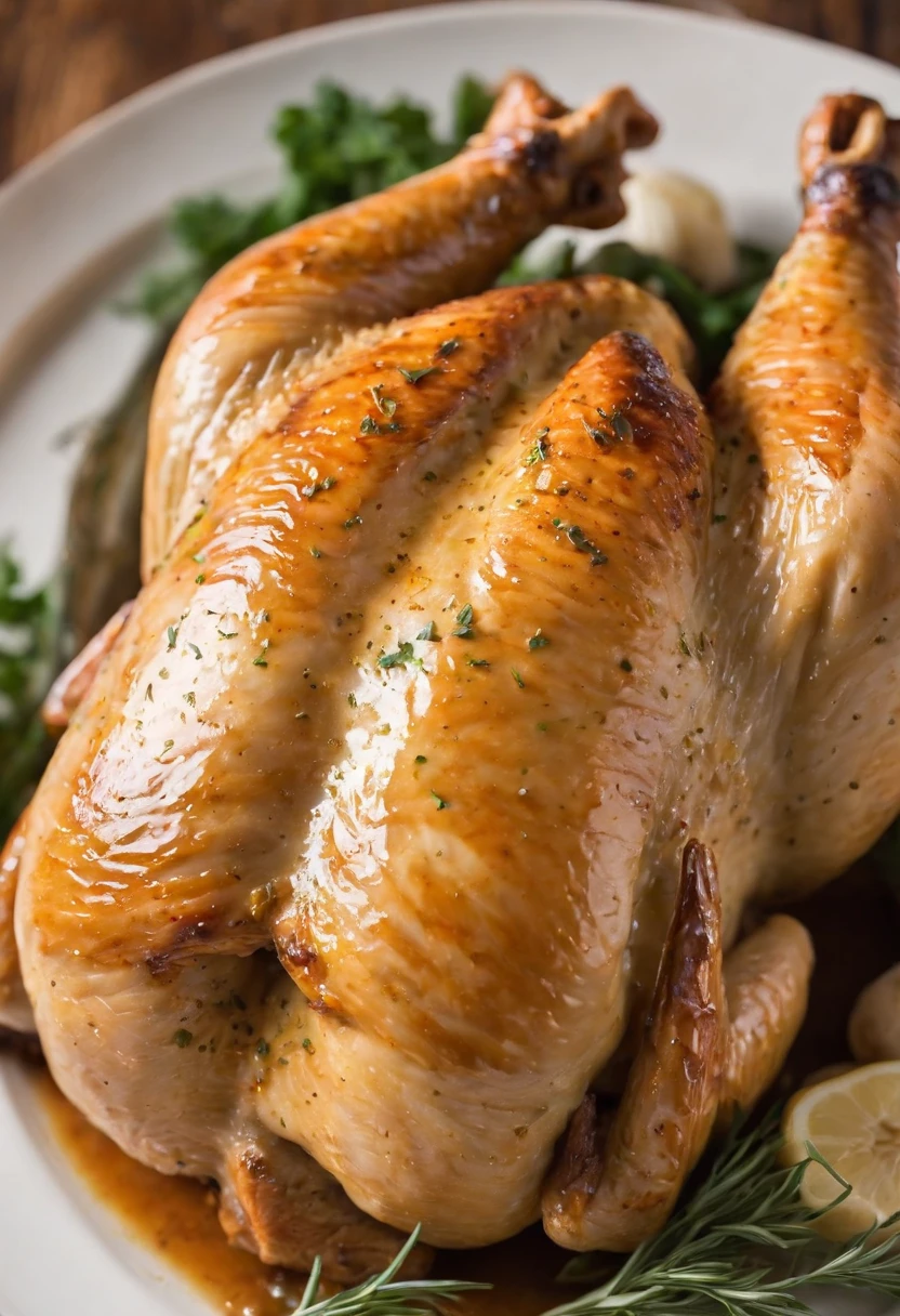a close-up shot of a whole roasted chicken, glistening with a golden-brown skin that has been generously coated with garlic and herb butter. The skin should be crisp and flavorful, showcasing the mouthwatering texture