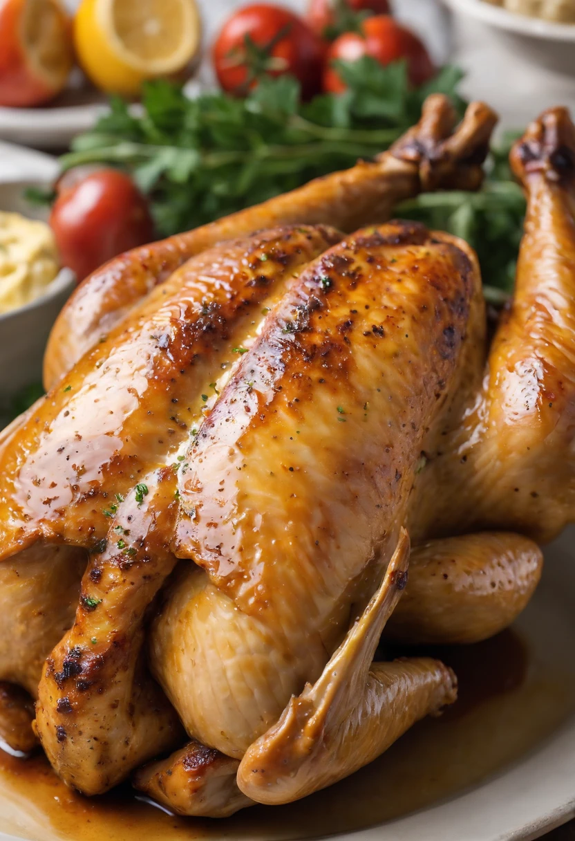 a close-up shot of a whole roasted chicken, glistening with a golden-brown skin that has been generously coated with garlic and herb butter. The skin should be crisp and flavorful, showcasing the mouthwatering texture