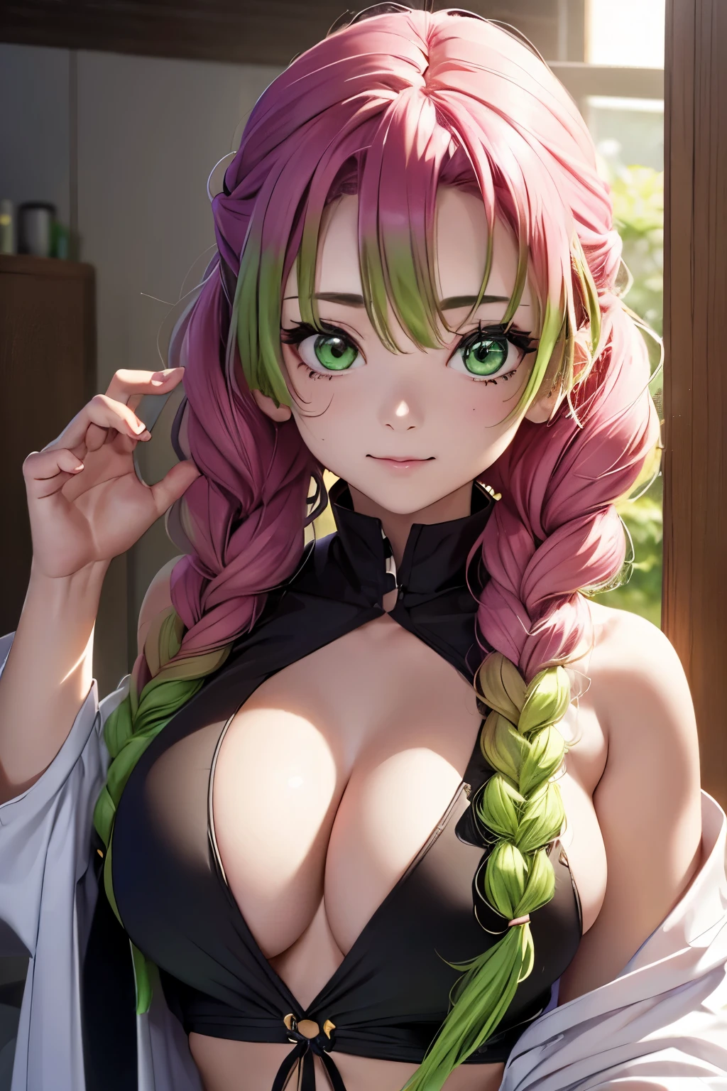 masutepiece, Mitsurikan Log, mitsuri kanroji, braid, Gradient Hair, (Green eyes:1.5), Green hair, Long hair, Mole, Mole under the eyes, multicolored hair, Pink hair, Twin braids, Two-tone hair, cleavage, BREAK looking at viewer, Break indoors, BREAK (masutepiece:1.2), Best Quality, High resolution, Unity 8k壁纸, (Illustration:0.8), (Beautiful detailed eyes:1.6), extra detailed face, Perfect Lighting, extremely details CG, (Perfect hands, Perfect Anatomy),colourful hair, The whole body  reflected, (Off-the-shoulder costumes:1.5), ((chest wide open and exposed)), (Smile), ((undergarment)), ((Torn clothes)), ((The bikini)), , ((Torn clothing))