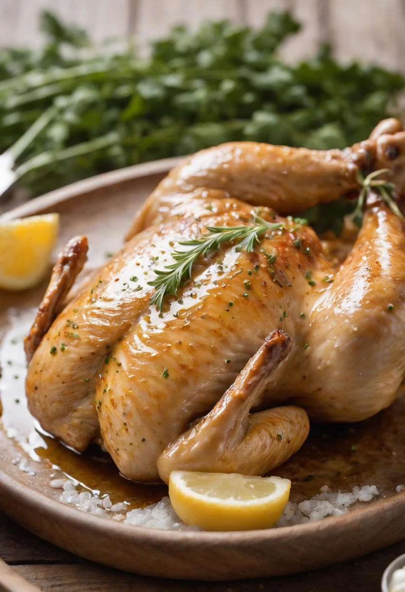 a dynamic shot of the chicken being basted with the garlic and herb butter, with droplets of the butter falling from the basting brush. The butter should be rich and fragrant, enticing the viewer with its aroma