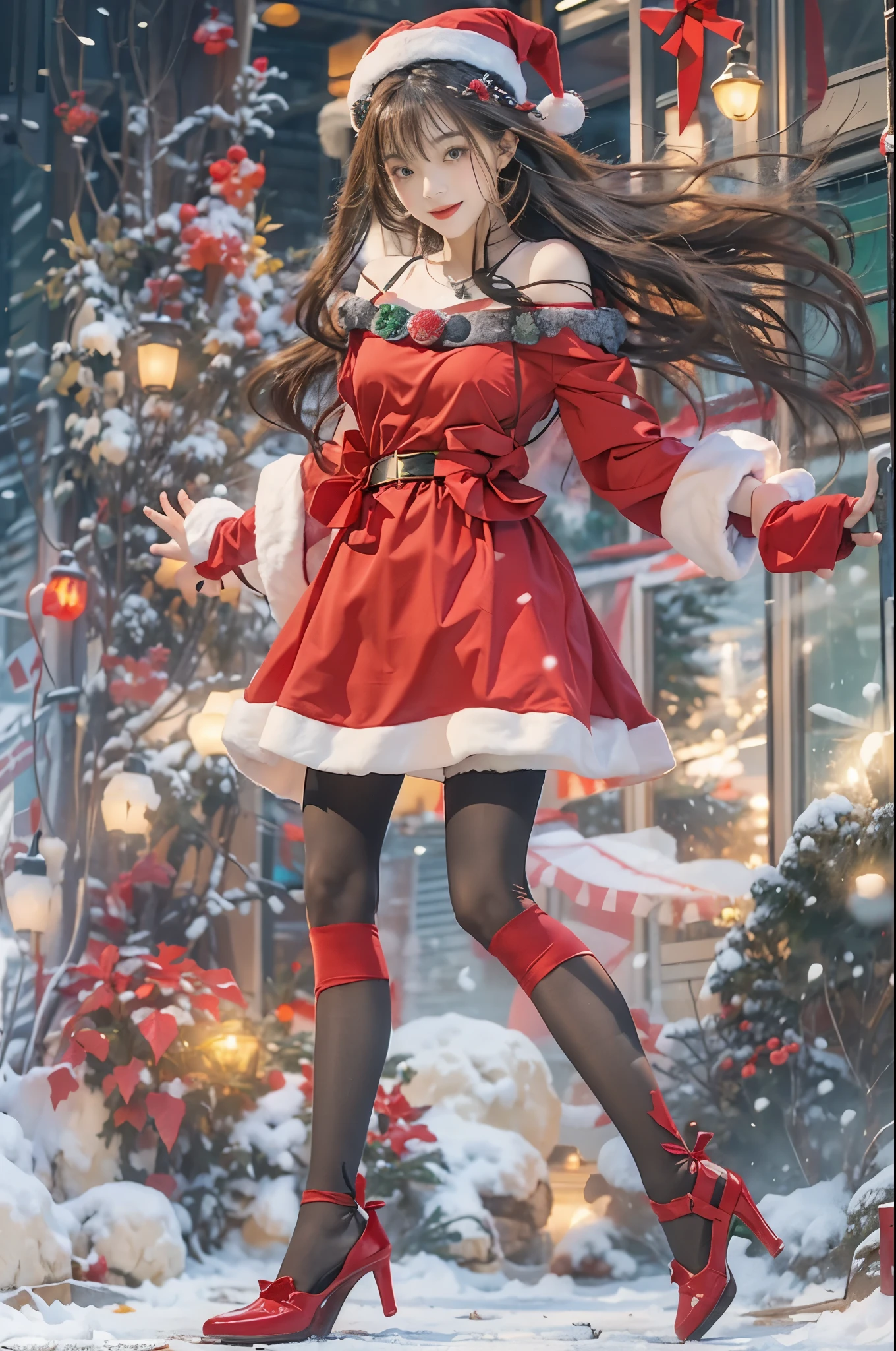 Imagine a brunette woman around 28 years old....., she is wearing a santa themed costume、My hair is unkempt.. A bright smile conveys joy..... The color palette should primarily feature red and green, Express your vibrant holiday spirit.beautiful foot、(Opening legs:1.3)、(Sexy Santa:1.4)、(Black tights:1.4)、beutiful breast