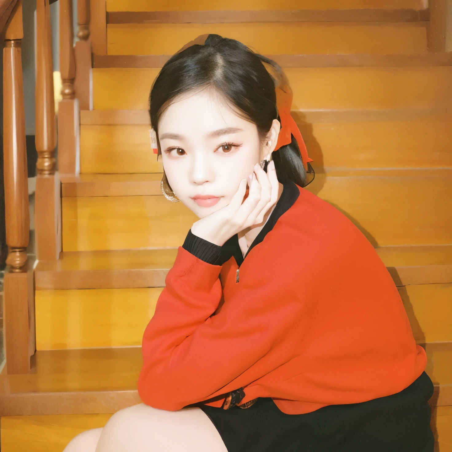 there is a woman sitting on the stairs with her hand on her chin, jennie blackpink, Ji-Min, jossi do blackpink, park Ji-Min, Jaeyeon Nam, Chiho, Sha Xi, Jinyoung Canela, portrait of jossi do blackpink, Heonhwa Choe, Lee Ji-eun, Lee Ji - Eun, Kim Doyoung, jia