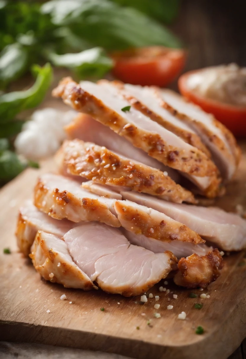 a detail shot of a sliced piece of chicken, revealing the juicy and tender meat underneath the crispy skin. The slice should be adorned with visible chunks of garlic and specks of herbs, adding to the visual appeal