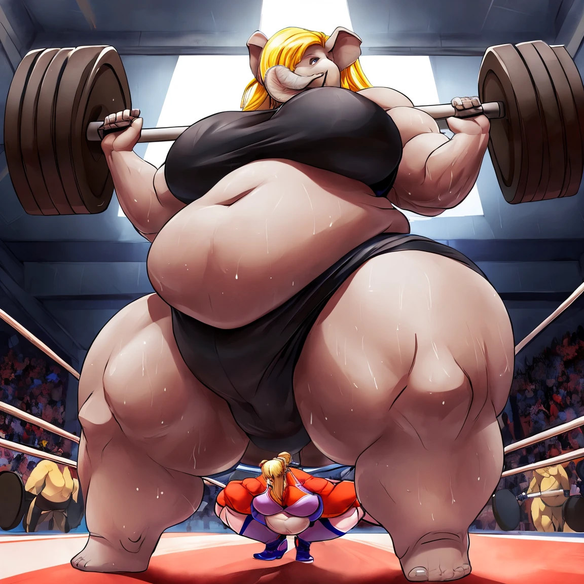 Elephant girl, furry, strong-fat, sumo, ((ssbbw)), ((morbidly obese)), ((ridiculously gigantic thighs)), ((ridiculously gigantic hips)), ((giantess)), biceps, ((ridiculously enormous belly)), grey skin, long blonde hair, seductive expression, ((tall)), looking down at viewer, looming, very short perspective, ((mawashi)), sweaty, ((elephant trunk)), sumo wrestling attire, hanging belly, gym, lifting barbell, muscular arms, ((ridiculously gigantic breasts))