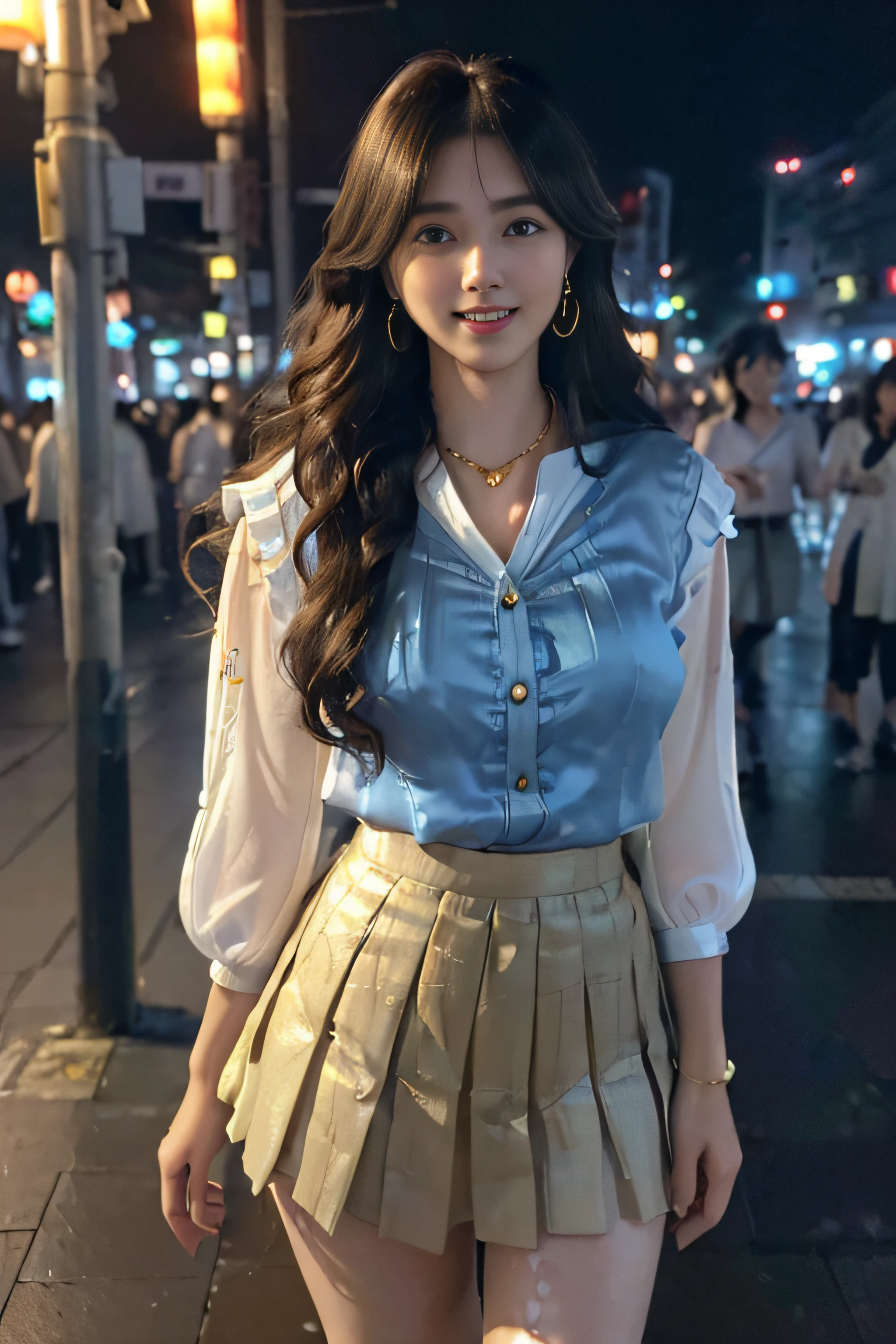 ((Beautiful girl in Japan:1.3)) ((blue silk button blouse＿White pleated mini skirt:1.4)) ((pantyshot:1.5)) ((In the crowd in Shibuya)),((Gold necklace＿Large earrings:1.3)) ((brown super long hair:1.2))((loose and wavy hair:1.3))((Thin_fabric:1.4)) ((Random sexy poses:1.3)) ((full of sweat:1.5))((with a flushed face:1.4)) ((Medium milk:1.4)) ((close-up:1.2)) Best Quality,masutepiece,超A high resolution,(Photorealistic:1.4),Raw photo,(Authentic skin texture:1.3),(Film grain:1.anorama,Character Portrait,Very Wide Shot,Narrow waist,Cowboy Shot,(In the Dark, deepshadow, lowkey, cold light,) Night,(()),Streaming Tears,,Dust,Tindall Effect,(expression),1girl in,beautiful detailed eyes and face,White Jabot,Brown eyebrows:1.2)) ((Full body:1.3)) ((Smile:1.3))