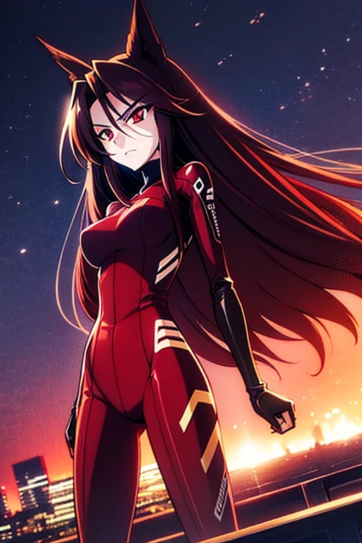 1girl, (skinny, tall), medium breast, loose hair, layered hair, long hair, dark hair, red streaks hair, sidelocks hair, red eyes, hedgehog ears, cold face, (top-down look), dark red plugsuit, night city background, (emerald in hand), half body