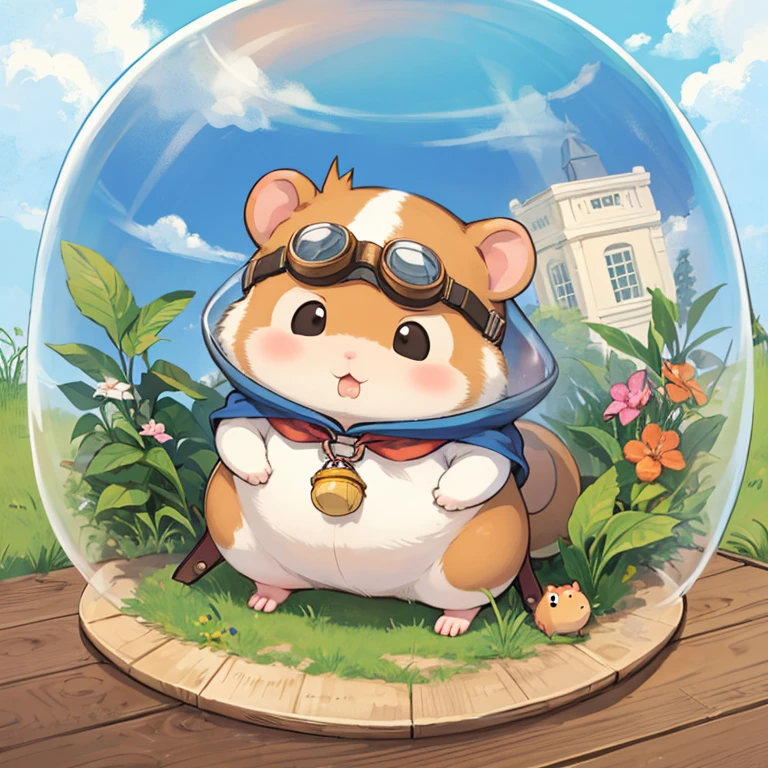 ((hamster in ball, chubby:0.8, goggles on forehead, animal solo, hamster focus, full body)), cute, cool, red neckerchief, adventurer, best_quality, design, hires, highly detailed