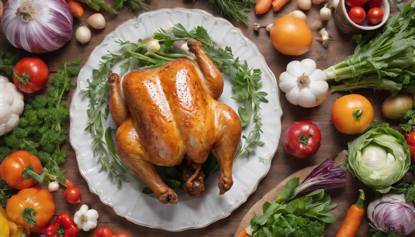 an overhead shot of the chicken placed on a beautifully decorated platter, surrounded by vibrant springtime vegetables and fresh herbs. The scene should evoke the festive ambiance of an Easter dinner