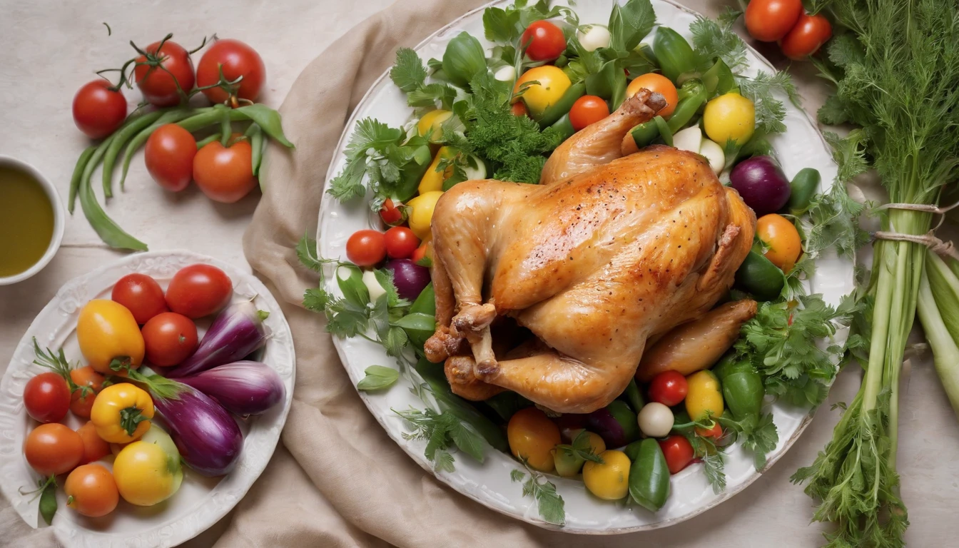 an overhead shot of the chicken placed on a beautifully decorated platter, surrounded by vibrant springtime vegetables and fresh herbs. The scene should evoke the festive ambiance of an Easter dinner