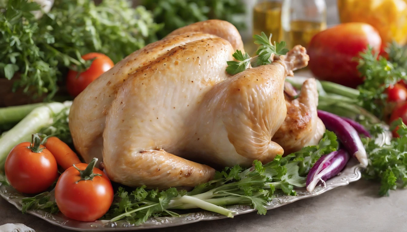 an overhead shot of the chicken placed on a beautifully decorated platter, surrounded by vibrant springtime vegetables and fresh herbs. The scene should evoke the festive ambiance of an Easter dinner