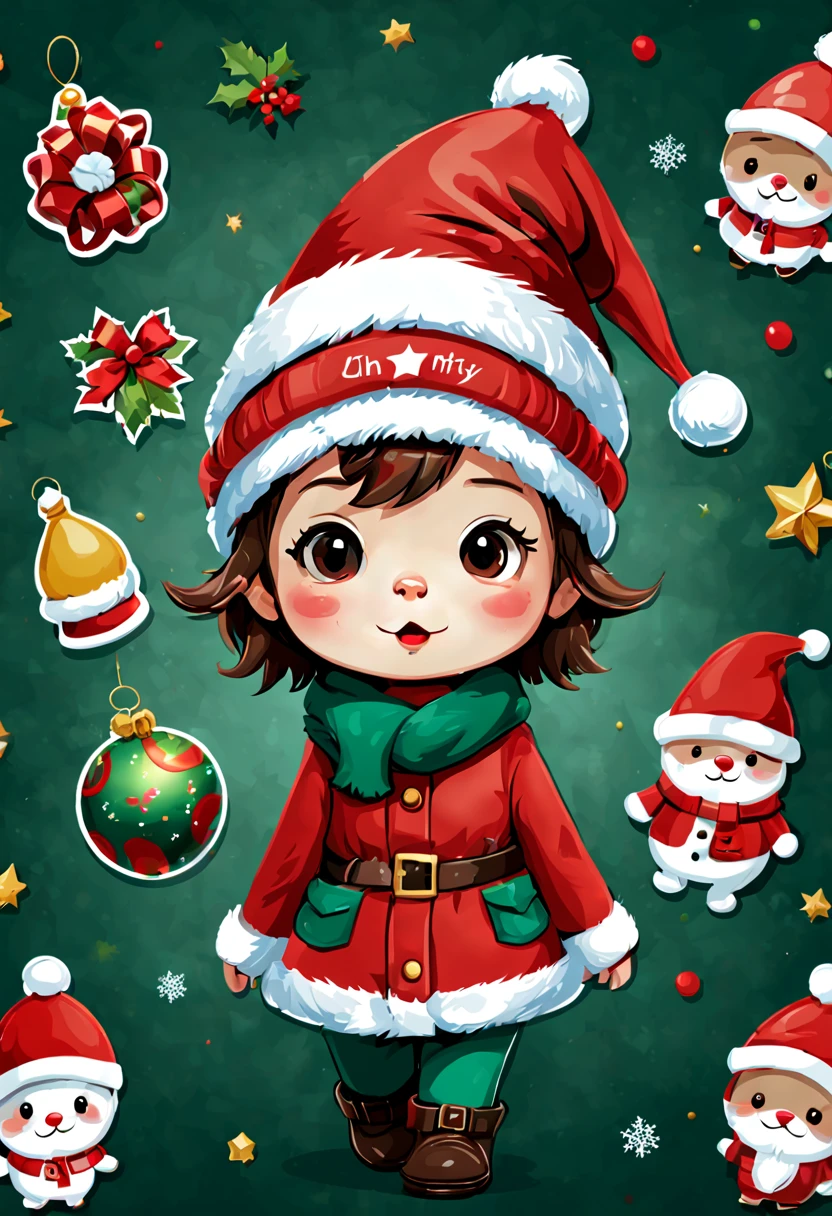 Sticker design, christmas Sticker, (Christmas hat, Christmas costume:1.2), Christmas elements, vector art, playful, cute, chibi, Funny, by Richard Scarry, enhance, intricate, (masterpiece, Representative work, official art, Professional, unity 8k wallpaper:1.3)
