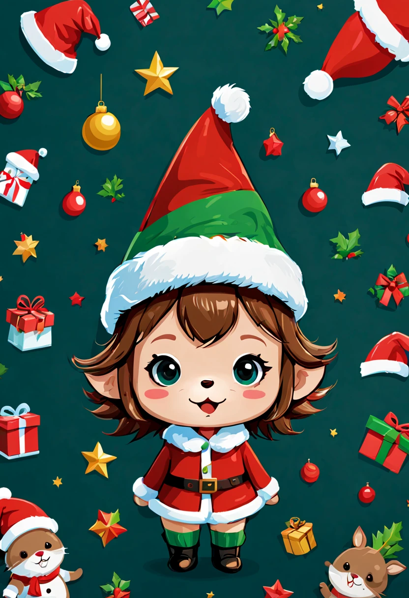 Sticker design, christmas Sticker, (Christmas hat, Christmas costume:1.2), Christmas elements, vector art, playful, cute, chibi, Funny, by Richard Scarry, enhance, intricate, (masterpiece, Representative work, official art, Professional, unity 8k wallpaper:1.3)