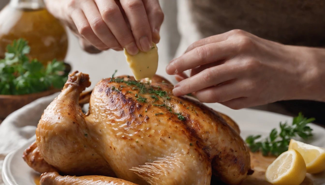 a creative shot of a person’s hands rubbing the chicken with the garlic and herb butter, ensuring that every nook and cranny is thoroughly coated. The shot should emphasize the importance of evenly distributing the flavors