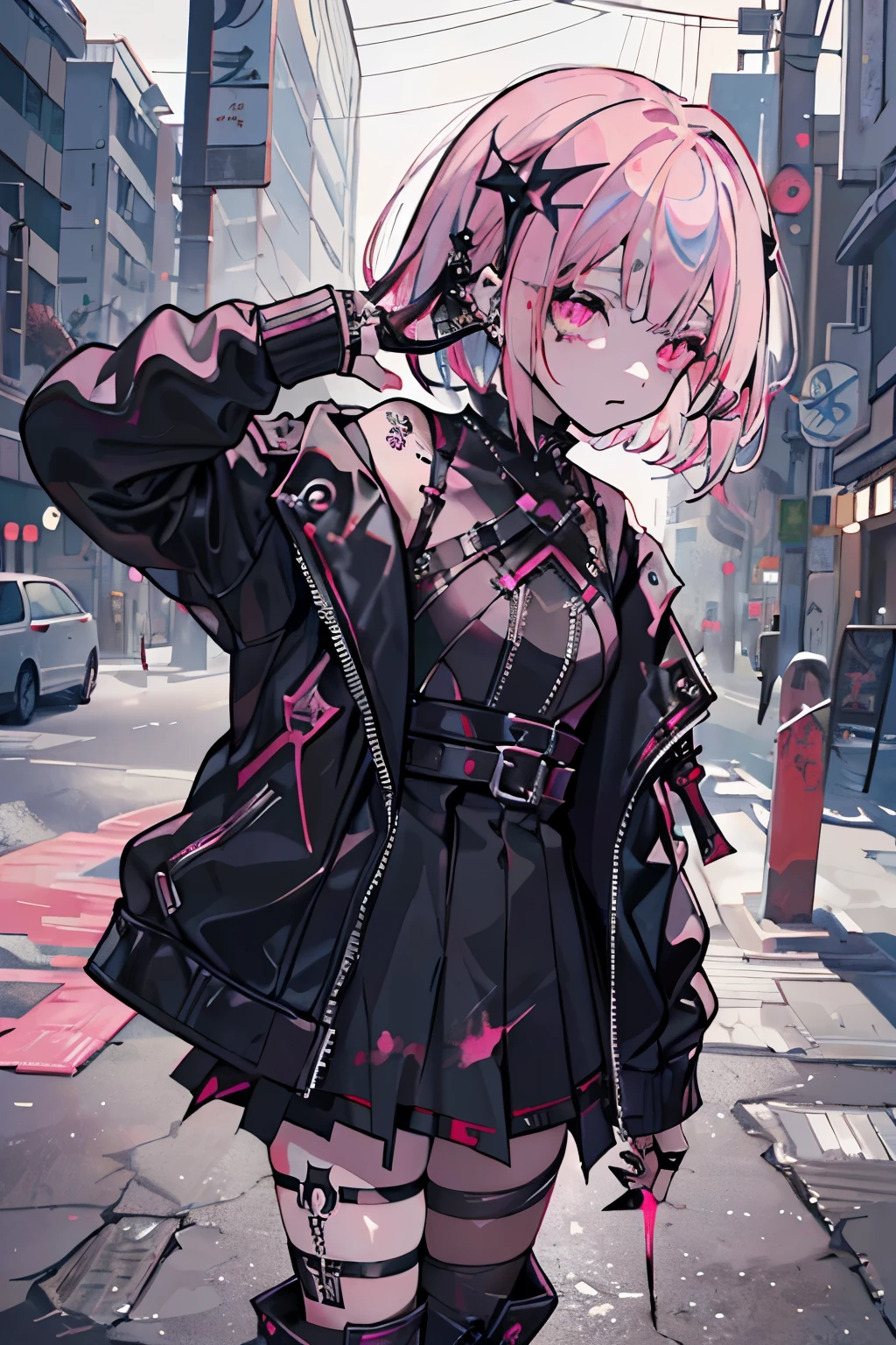 Seiza、dead body、Colorful blood everywhere、Colorful splashes of blood、dark hue、Colorful shades、goth、(masutepiece), (Portrait), (Aesthetic), (Beautiful), (upper blody), (High quality), (Aestheticな服), (professional angle), (thirds rule), (Feminine), (Woman), (Female), (Beautiful),(Feminine features), (25-years old), Solo, 1 woman, (Charming punk girl), Winters, Dramatic light, (Standing), Boobs edgy makeup, (small sect guitar)), (Front face), (defiance的な表現), ((defiance)), (Leather jackets and tattoos), ((Short hair)), (dyed (E.G. and pinks) hair), (spiky hair), (Thick hair), Matte Shine Hair, (Hair bands scattered in the hair),