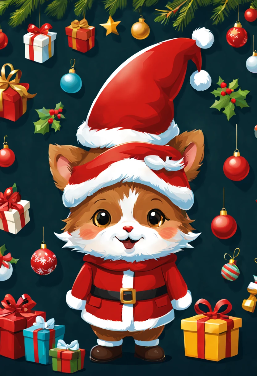 Sticker design, christmas Sticker, (Christmas hat, Christmas costume:1.2), Christmas elements, vector art, playful, cute, chibi, Funny, by Richard Scarry, enhance, intricate, (masterpiece, Representative work, official art, Professional, unity 8k wallpaper:1.3)