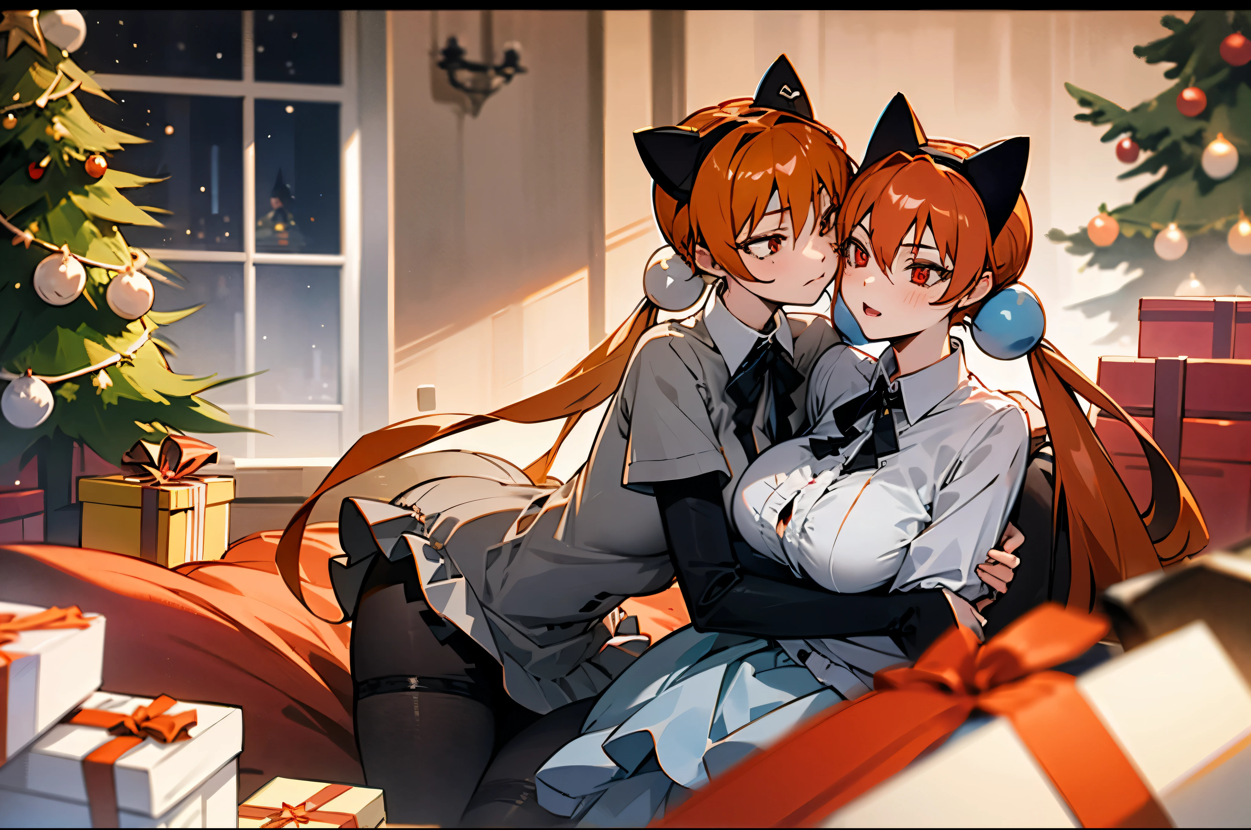 2girls,fake animal ears, huge tits, scarlet eyes, closed mouth, perfect body, indoors, christmas outfit, gift box in hands, xmas, christmas tree, nude, hugs his other self, orange hair
