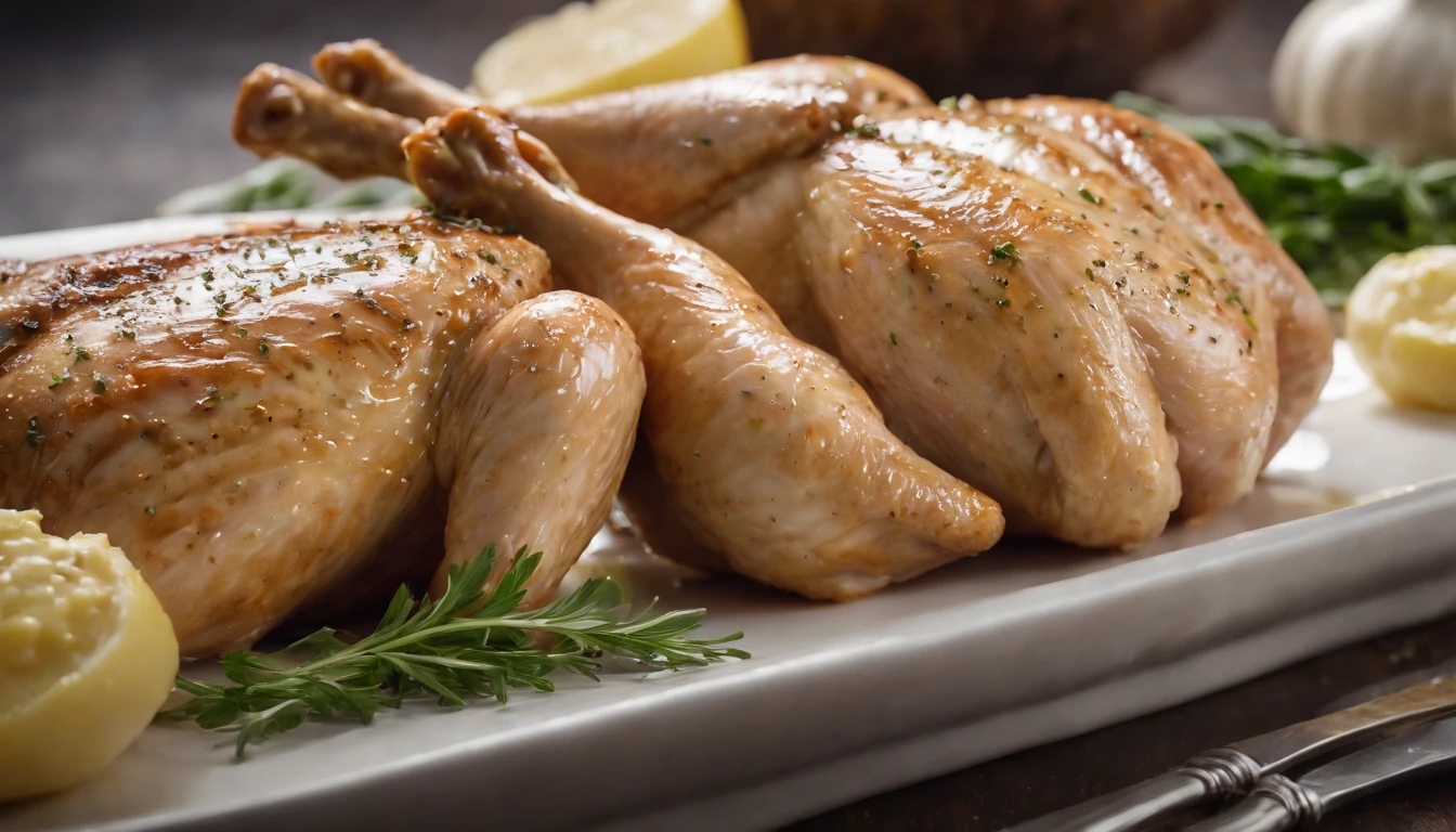 a reflective shot of the chicken, with the garlic and herb butter creating a glossy shine on the skin. The reflection should be clear and vibrant, highlighting the richness and depth of flavors in the butter