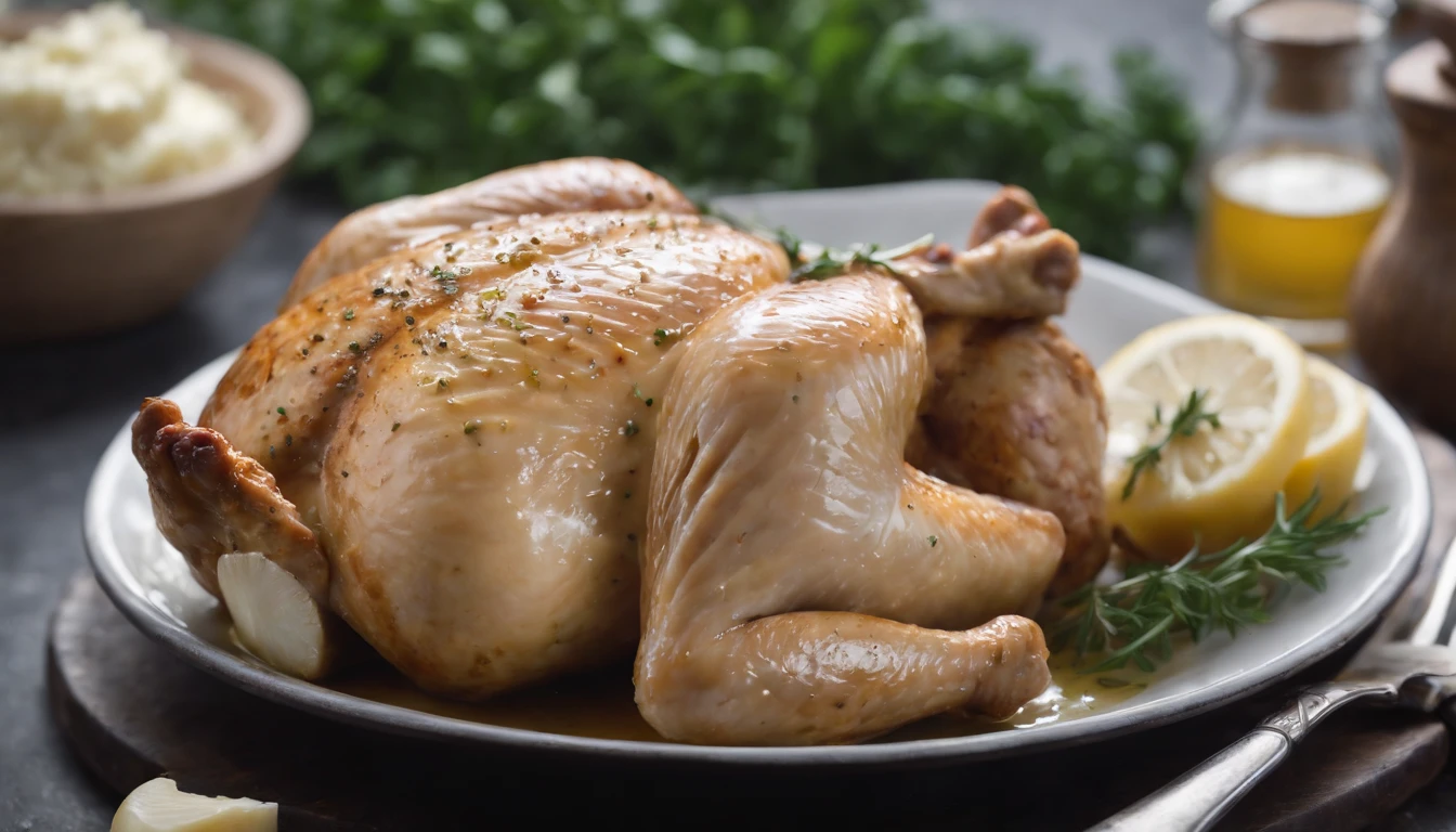 a reflective shot of the chicken, with the garlic and herb butter creating a glossy shine on the skin. The reflection should be clear and vibrant, highlighting the richness and depth of flavors in the butter