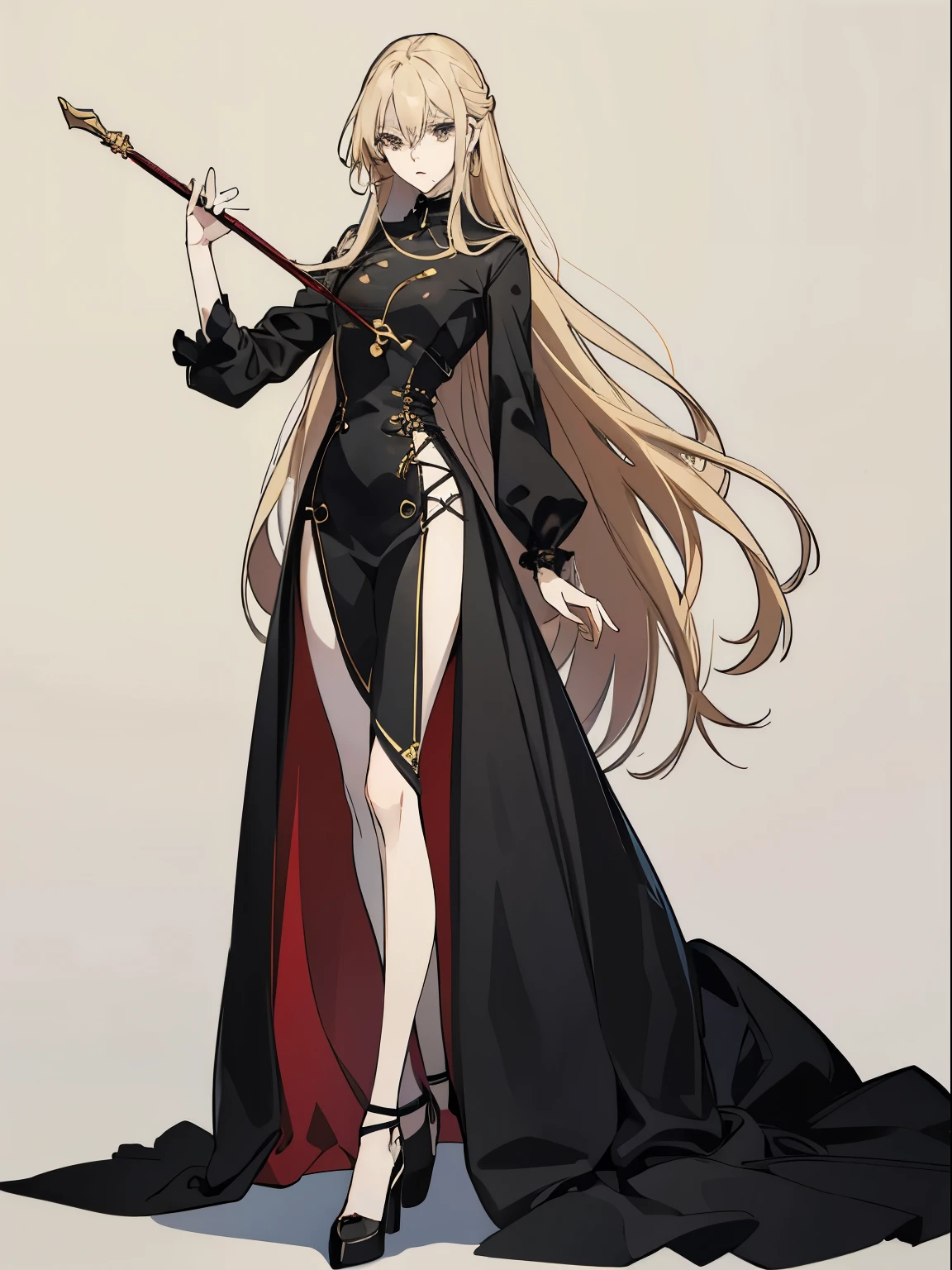 (line drawing inochrome)、simple background、slender、One woman、very long straight blonde hair、Slender waist、Long arms, skinny fingers、long legged、toned ankles、Mature woman around 30 years old、A woman with a mysterious atmosphere、Wearing a dress with a bold and revealing design、Holding a simple decorated cane up to the sky、