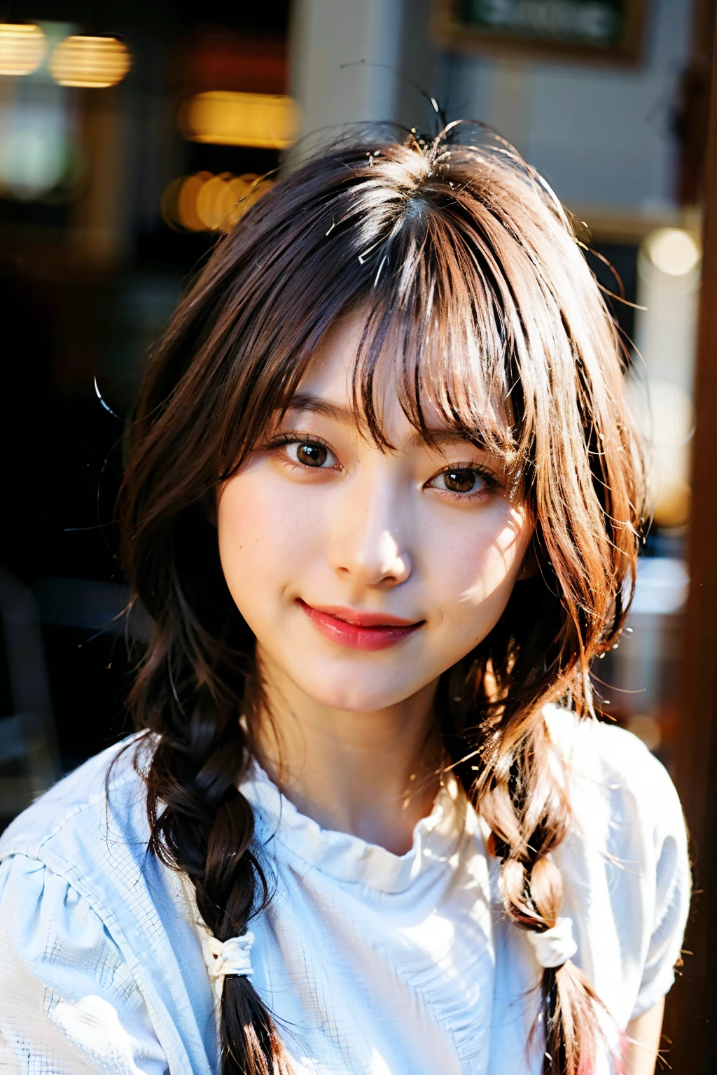 1girl in, Solo, Cute girl with pink hair, Pink eyes, The background is the coast, Soft natural light, Ribbon on the head, White shirt with ruffles、a small face、Smile、younggirl、8K、realisitic、White braid, Hair Ornament、