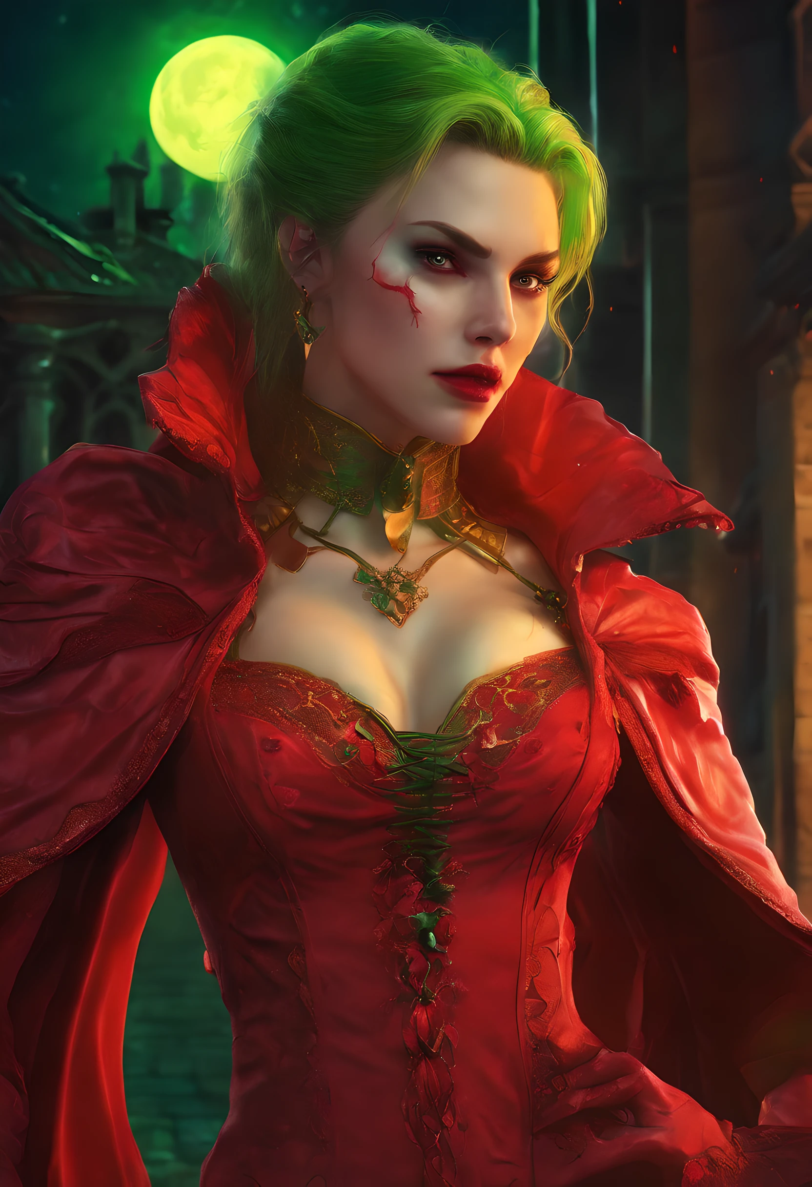 a picture of (vampire: 1.3) standing in the front of her home, an exquisite beautiful (female vampire: 1.3) in her front door of her home, full body (ultra detailed, Masterpiece, best quality), ultra detailed face (ultra detailed, Masterpiece, best quality), grey skin: 1.3 , blond hair, hair in a ponytail, long hair, blue eyes, cold eyes, glowing eyes, intense eyes, smile with [drops of blood on face] (ultra detailed, Masterpiece, best quality), dark red lips, [vampire fangs], wearing (red: 1.4) dress (ultra detailed, Masterpiece, best quality), (green: 1.4) dark green cloak, (green: 1.3) green high heeled boots in front of her home, torchlight, Cinematic Shot, Cinematic Lighting high details, best quality, 16k, [ultra detailed], masterpiece, best quality, (ultra detailed), full body, ultra wide shot, photorealism, dark fantasy art, moon light coming through the window, moon rays, gothic art, sense of dread, sense of seduction,