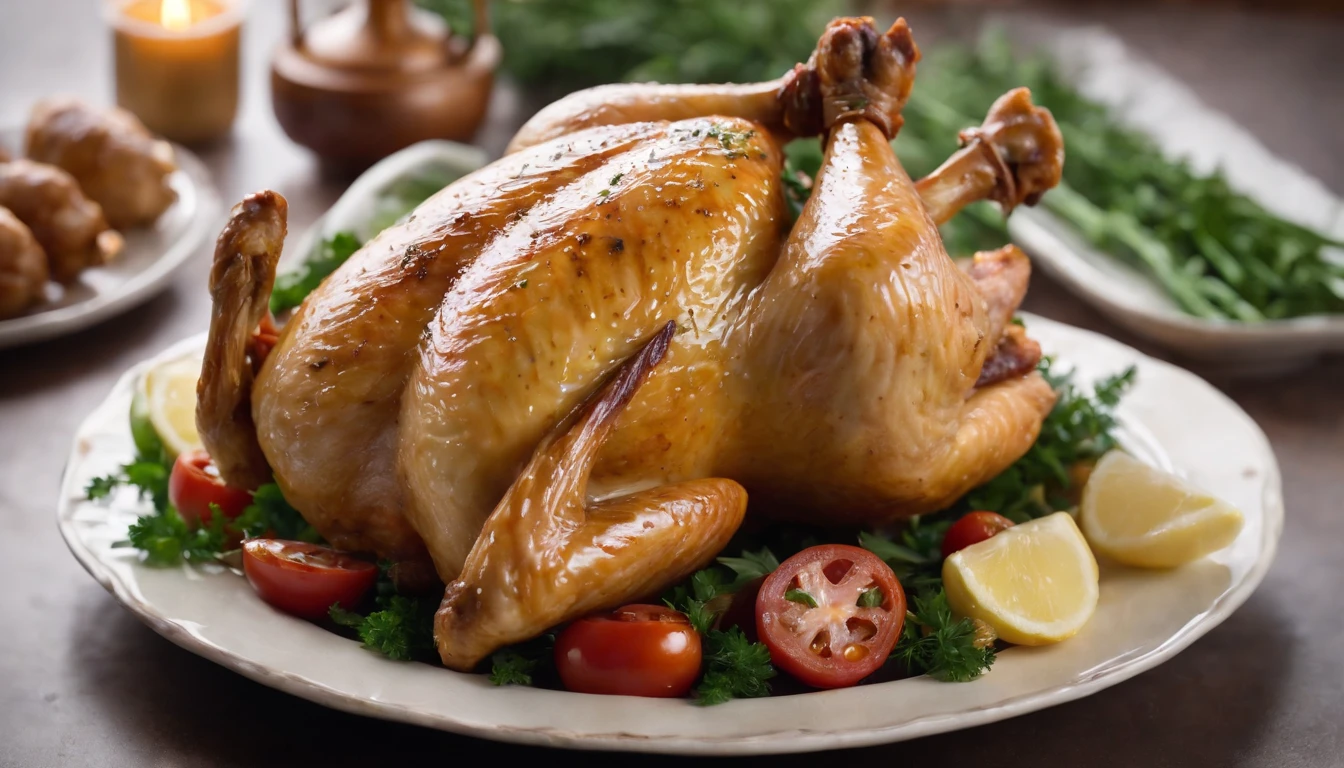 a symmetrical shot of the chicken carved and arranged on a platter, with the garlic and herb butter melting over the meat. The arrangement should be visually appealing, highlighting the succulence and presentation of the dish