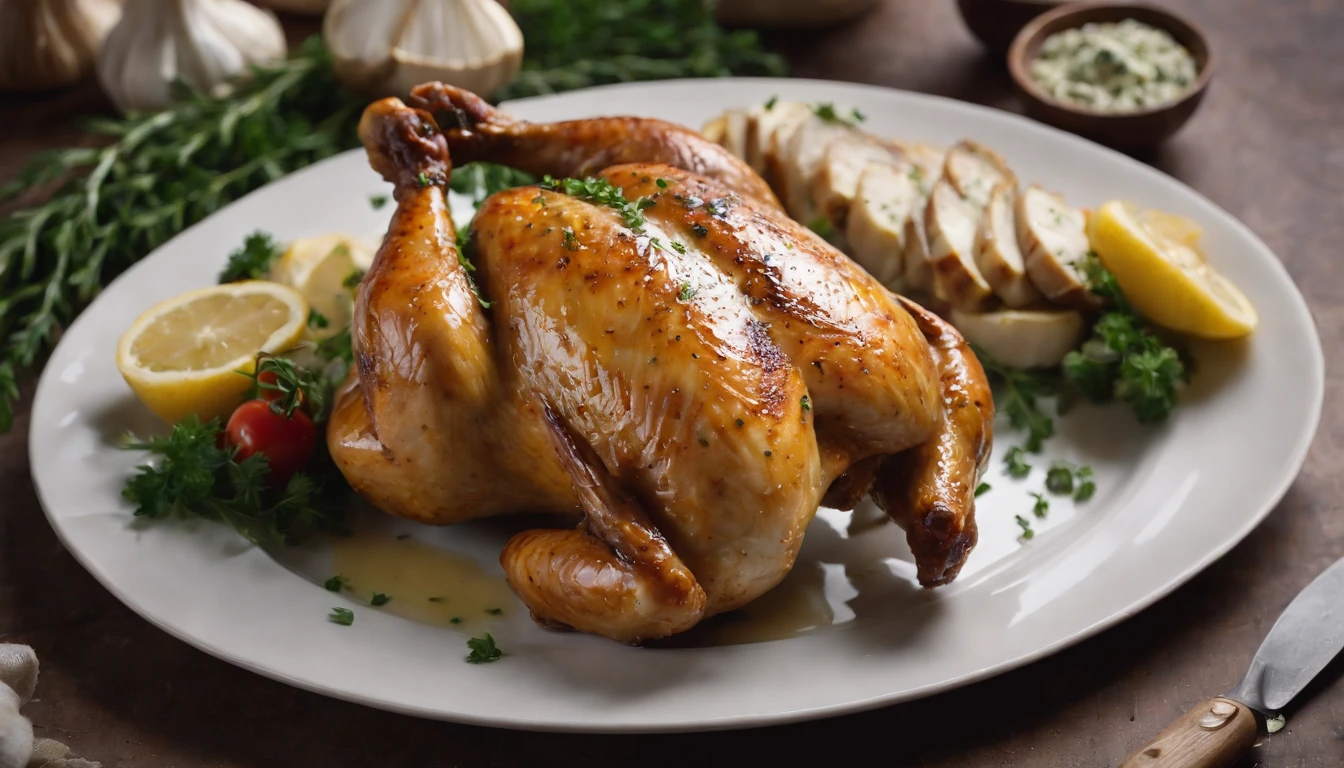 a symmetrical shot of the chicken carved and arranged on a platter, with the garlic and herb butter melting over the meat. The arrangement should be visually appealing, highlighting the succulence and presentation of the dish