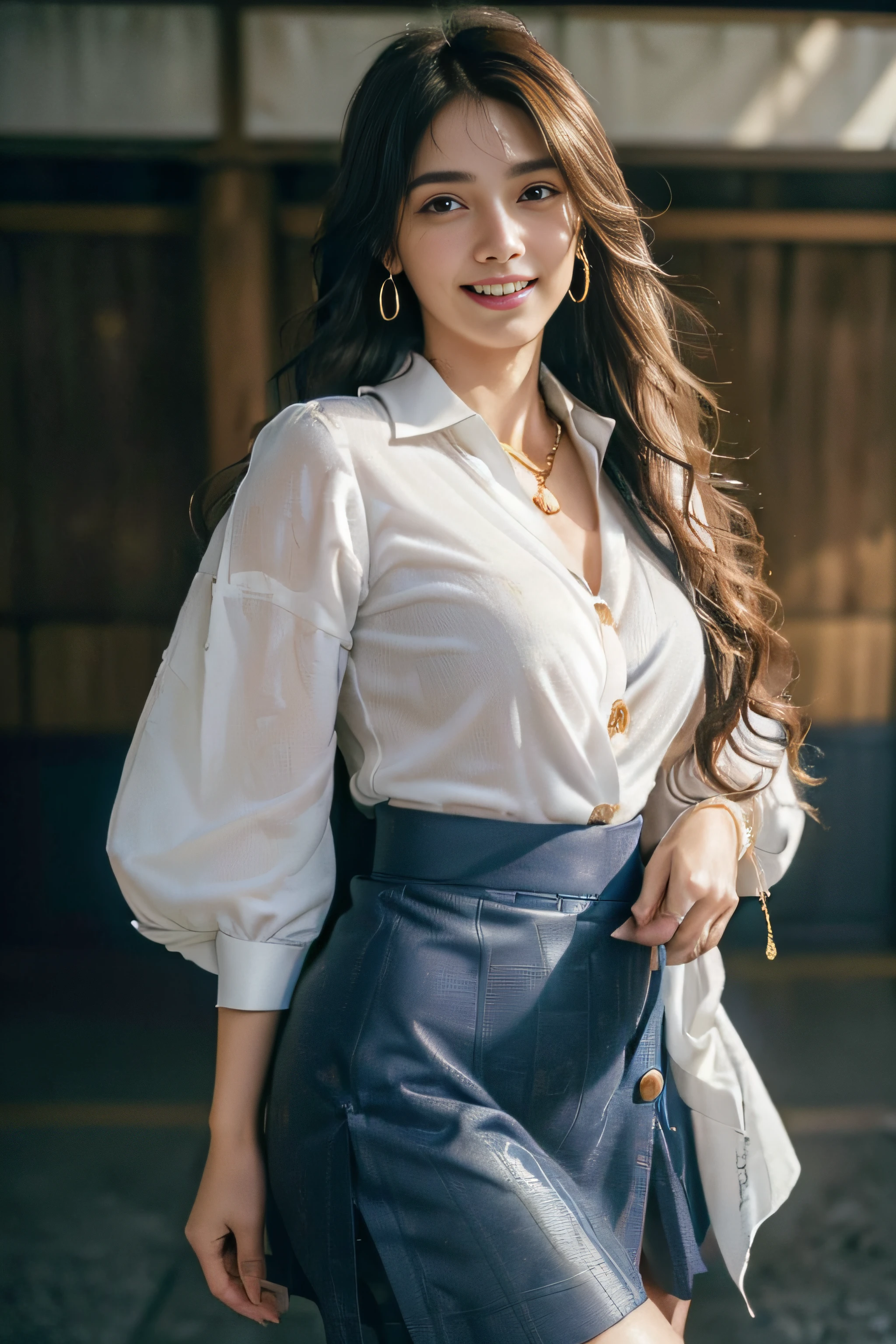 ((Beautiful girl in Japan:1.3)) ((white collared button blouse_blue wrap skirt:1.4)) ((pantyshot:1.5)) ((On the platform of the station)),((Gold necklace_Large earrings:1.3)) ((brown super long hair:1.2))((loose and wavy hair:1.3))((Thin_fabric:1.4)) ((Random sexy poses:1.3)) ((full of sweat:1.5))((with a flushed face:1.4)) ((Medium milk:1.4)) ((close-up:1.2)) Best Quality,masutepiece,超A high resolution,(Photorealistic:1.4),Raw photo,(Authentic skin texture:1.3),(Film grain:1.anorama,Character Portrait,Very Wide Shot,Narrow waist,Cowboy Shot,(In the Dark, deepshadow, lowkey, cold light,) Night,(()),Streaming Tears,,Dust,Tindall Effect,(expression),1girl in,beautiful detailed eyes and face,White Jabot,Brown eyebrows:1.2)) ((Full body:1.3)) ((Smile:1.3))