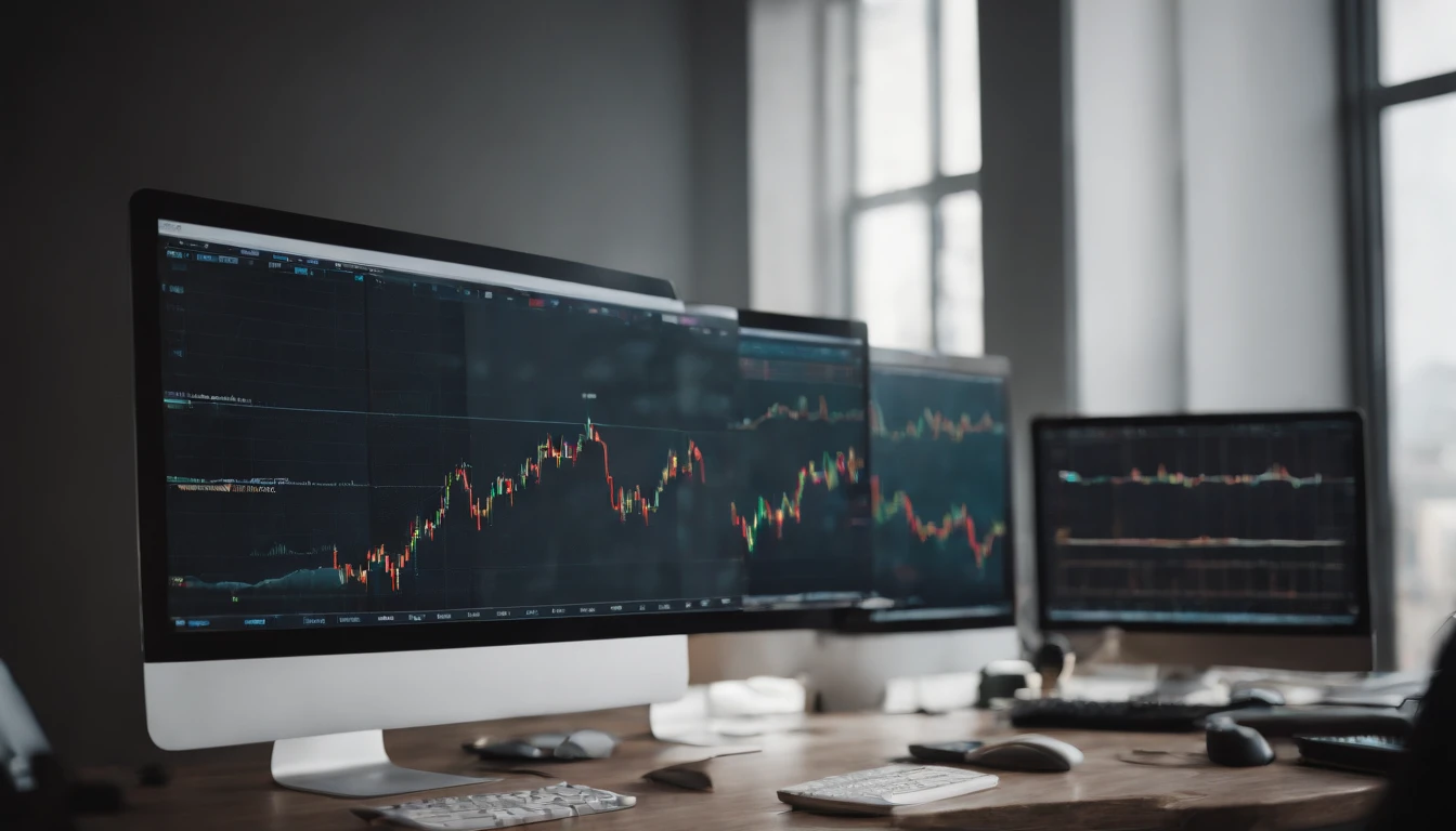 Capture a double exposure shot, where the stock market chart is seamlessly blended with the top view of a computer on a table. The chart should be displayed on the computer screen, while the computer itself is surrounded by financial analysis-related objects, such as charts, graphs, and pens